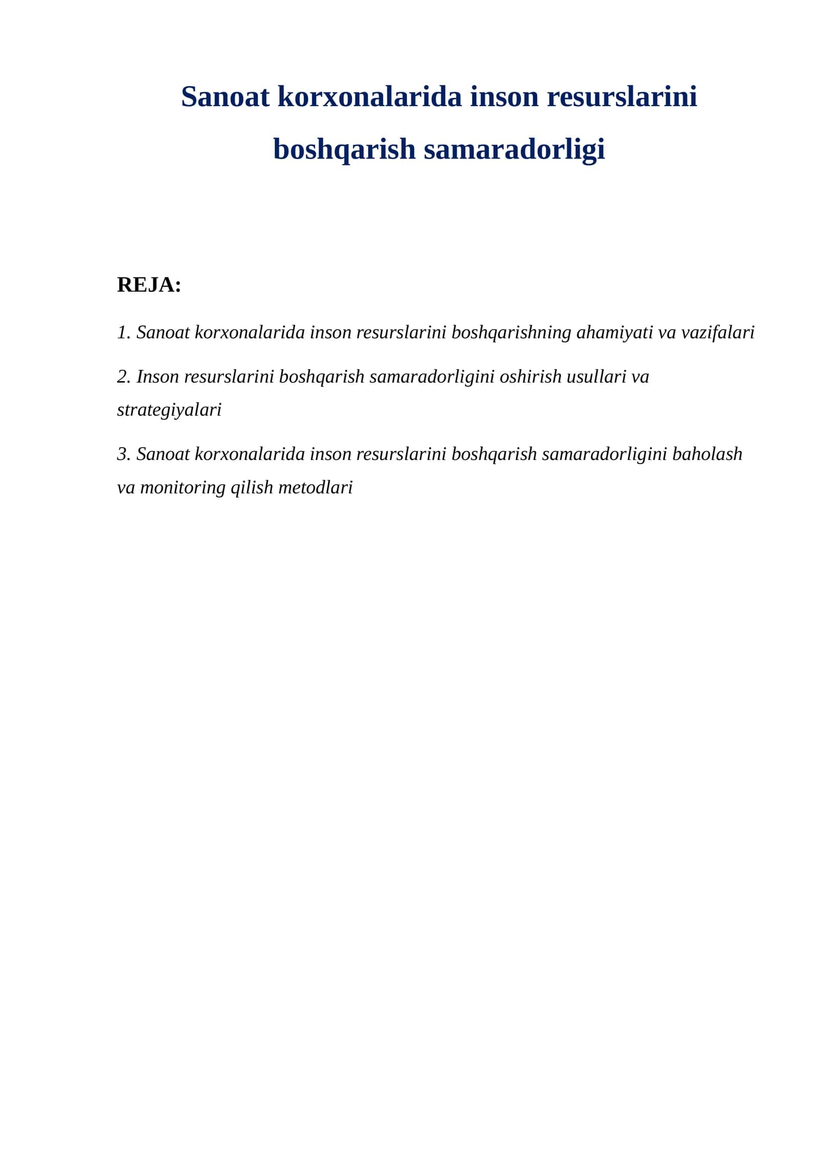 Sanoat korxonalarida inson resurslarini boshqarish samaradorligi