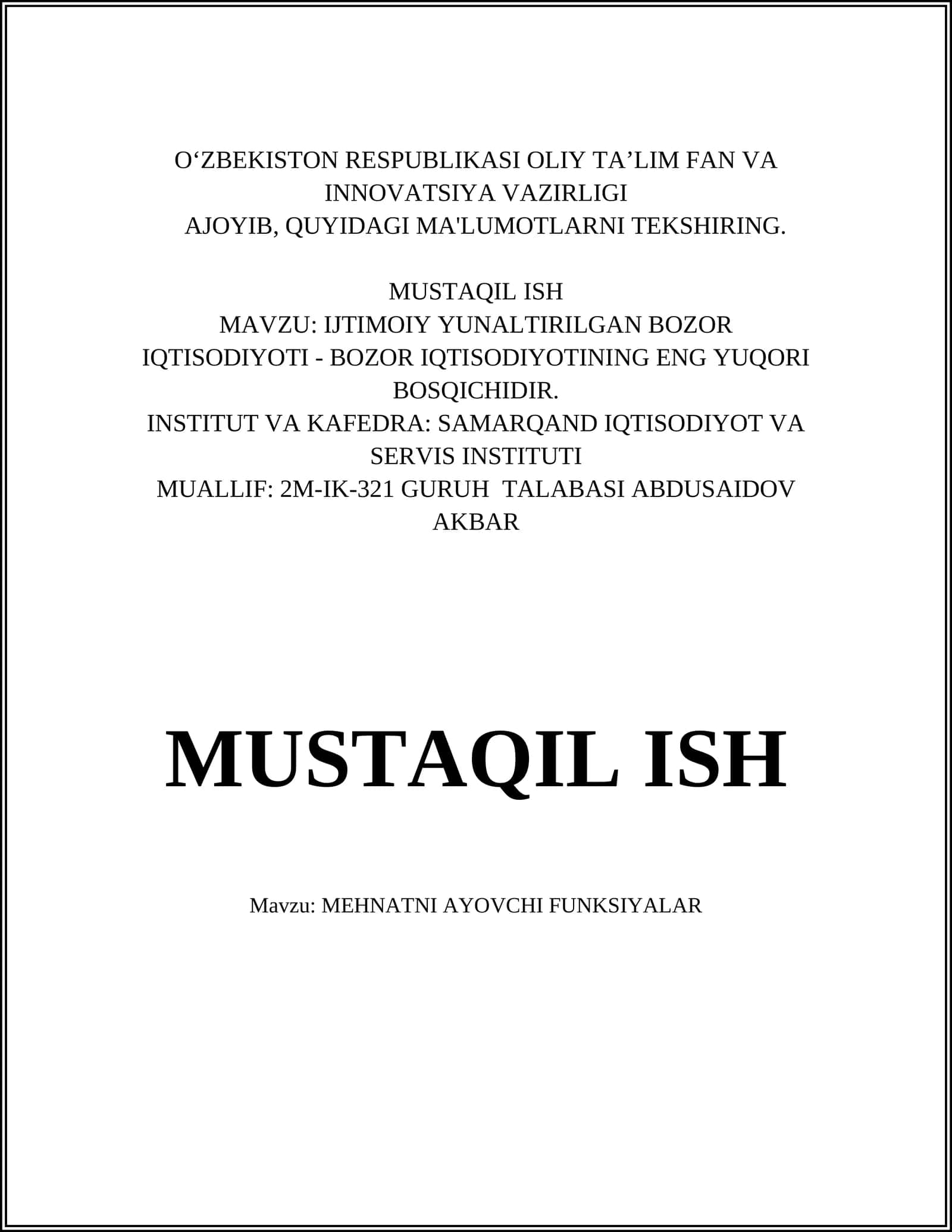 MEHNATNI AYOVCHI FUNKSIYALAR