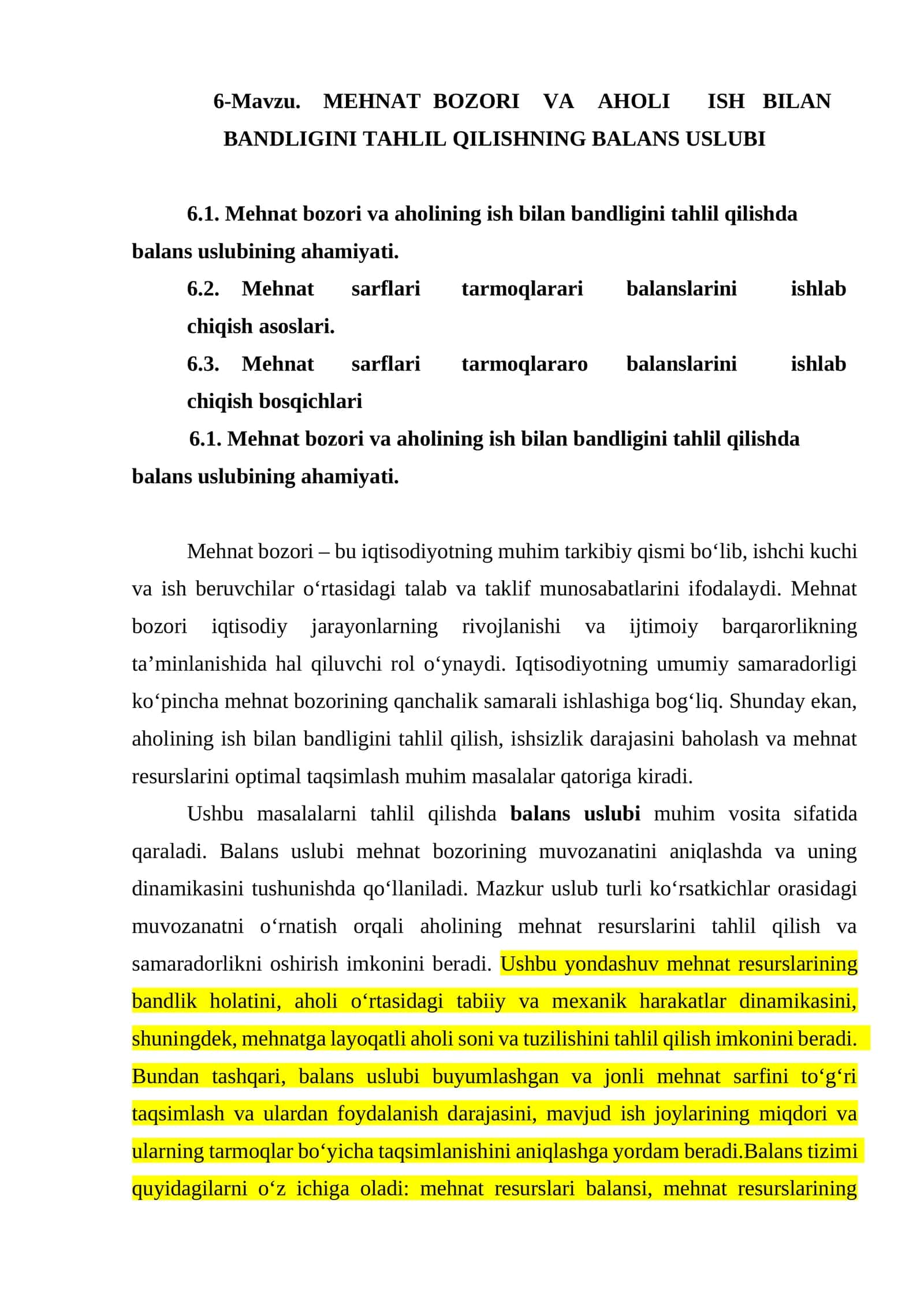 Mehnat Bozori va Aholi Ish Bilan Bandligini Tahlil Qilishning Balans Uslubi