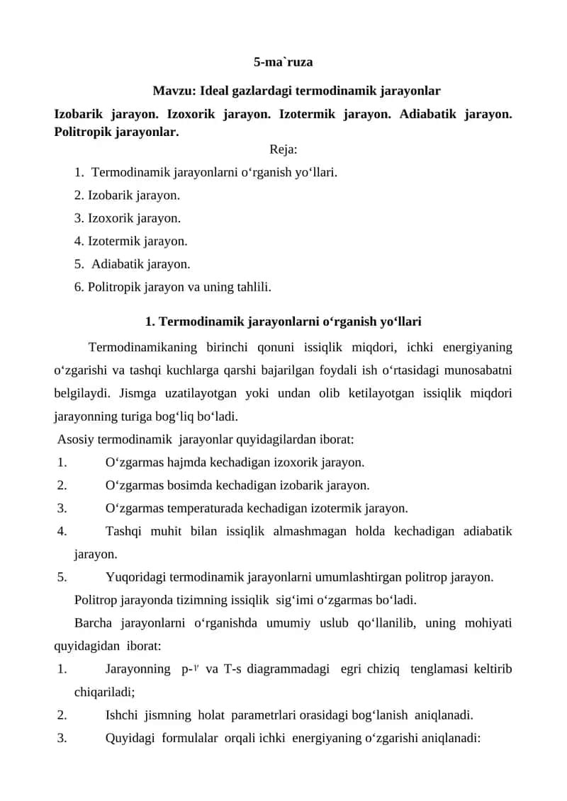 Ideal gazlardagi termоdinamik jarayonlar