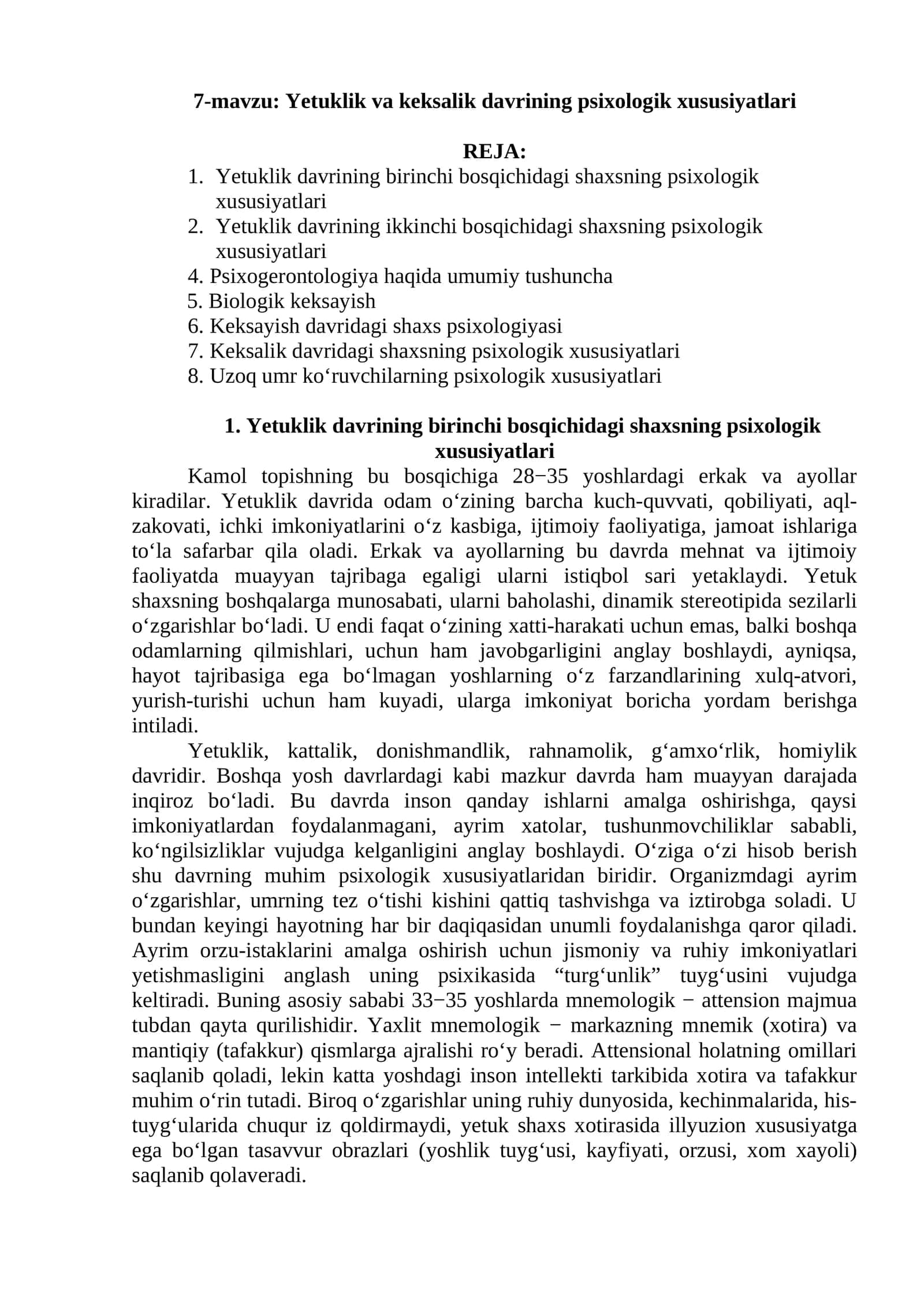 Yetuklik va keksalik davrining psixologik xususiyatlari