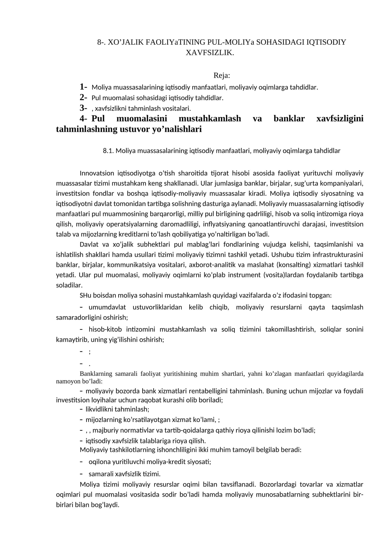 XO’JALIK FAOLIYaTINING PUL-MOLIYa SOHASIDAGI IQTISODIY XAVFSIZLIK