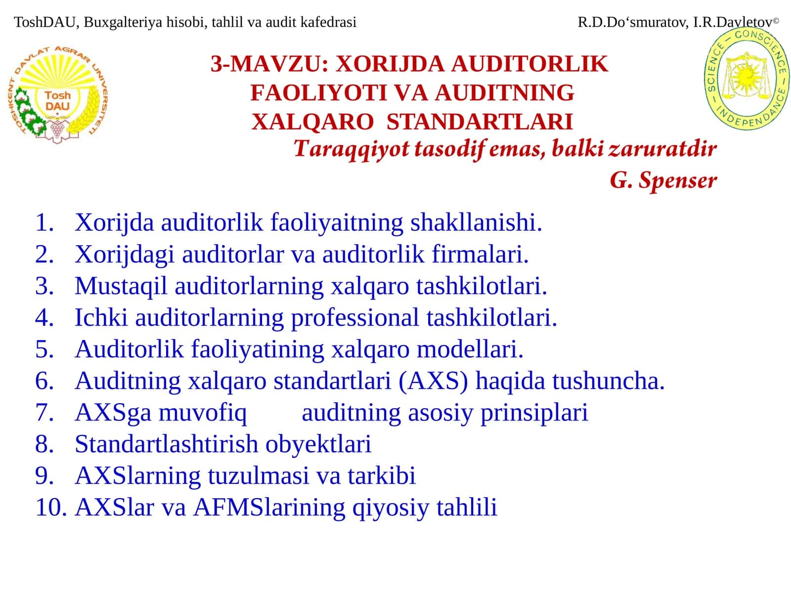 XORIJDA AUDITORLIK FAOLIYATI VA AUDITNING XALQARO STANDARTLARI