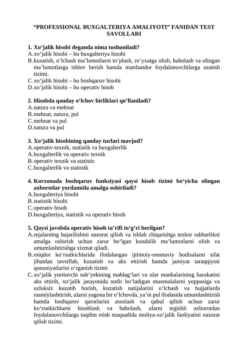 PROFESSIONAL BUXGALTERIYA AMALIYOTI FANIDAN TEST SAVOLLARI