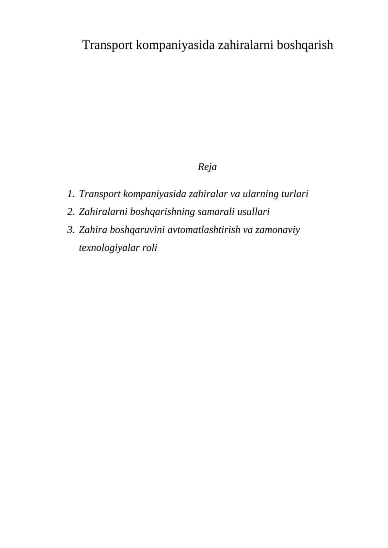 Transport kompaniyasida zahiralarni boshqarish