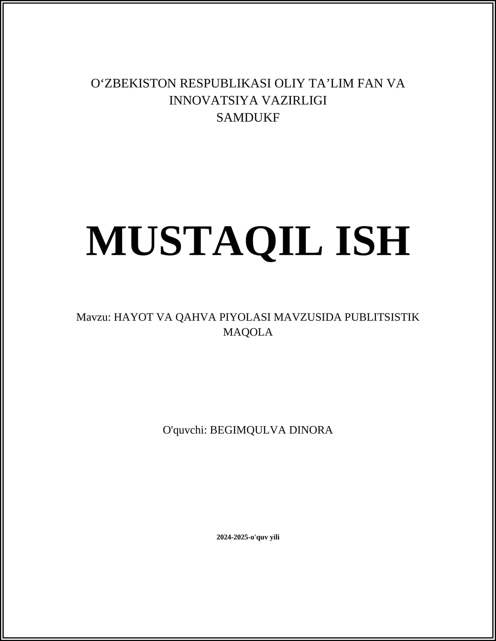 HAYOT VA QAHVA PIYOLASI MAVZUSIDA PUBLITSISTIK MAQOLA