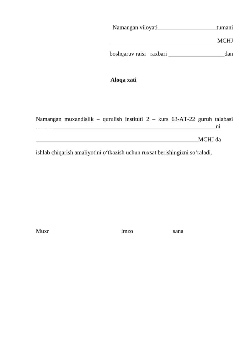 MCHJ da ishlab chiqarish amaliyotini oʻtkazish