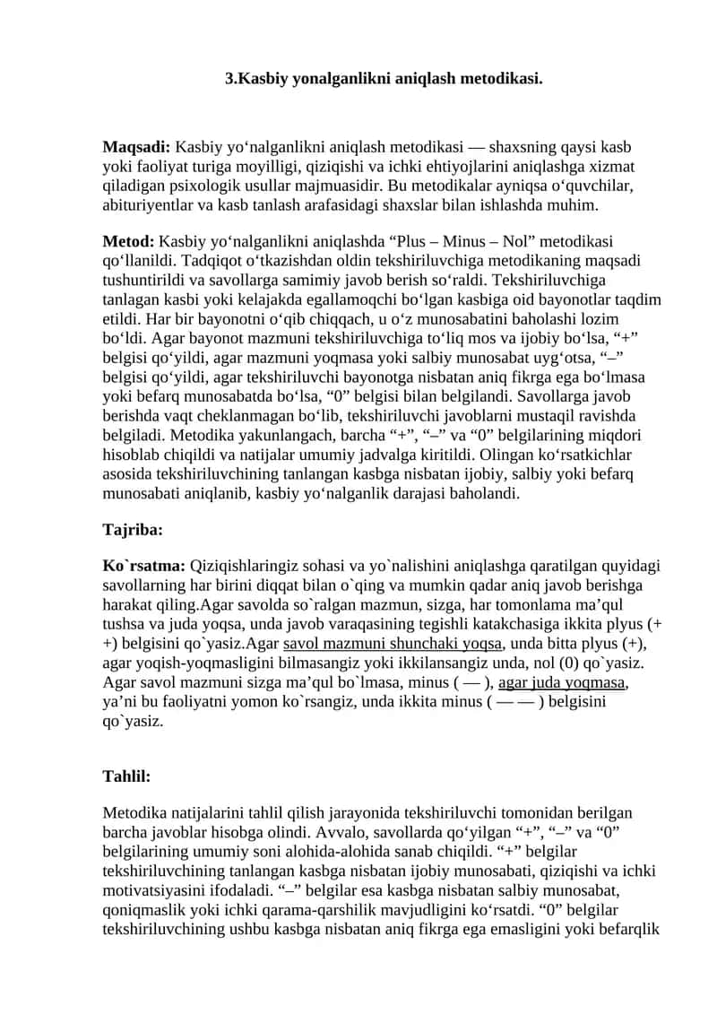 Kasbiy yonalganlikni aniqlash metodikasi