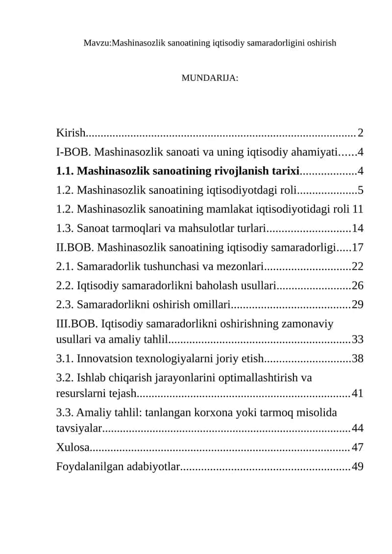 Mashinasozlik sanoatining iqtisodiy samaradorligini oshirish