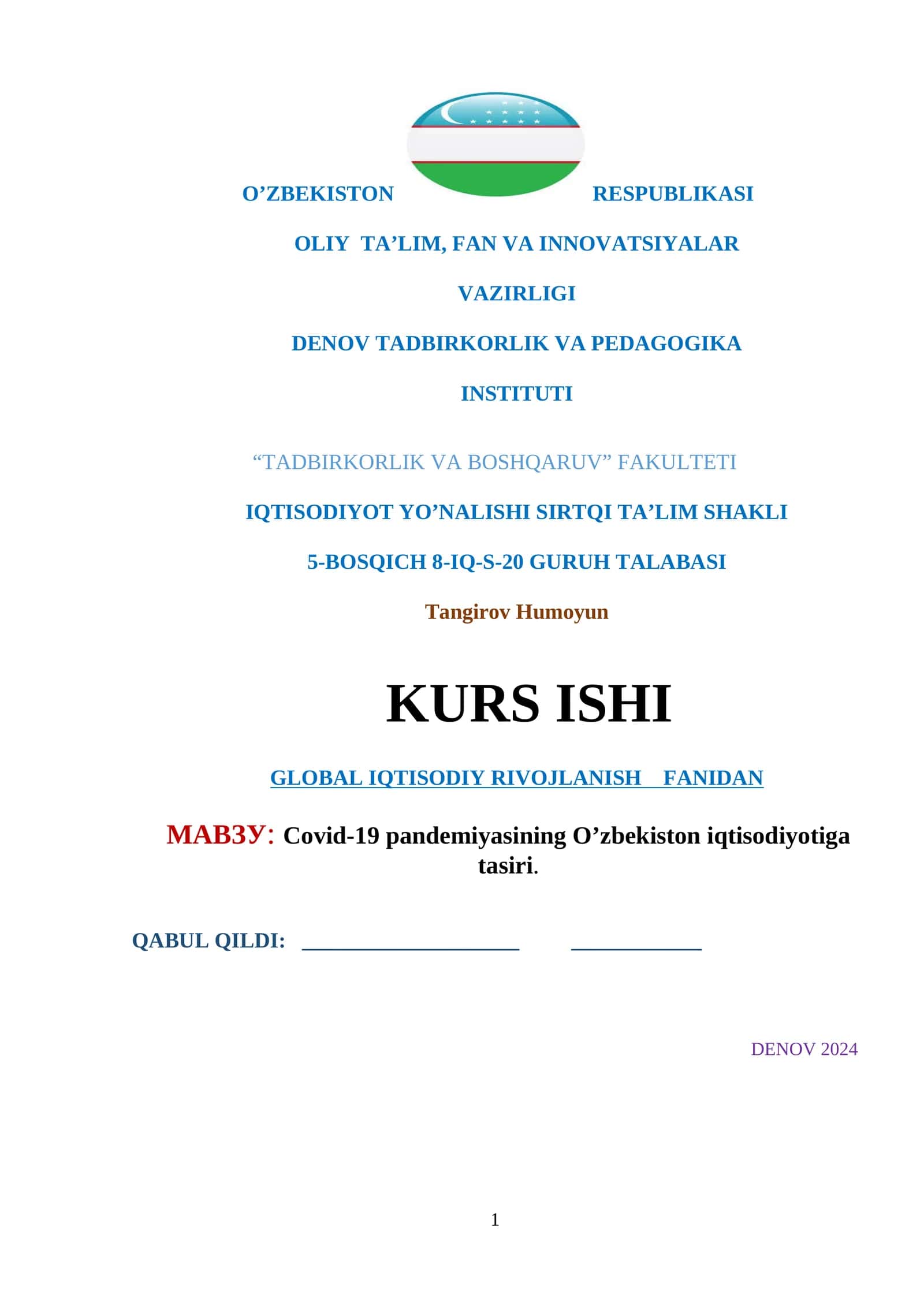 Covid-19 pandemiyasining O’zbekiston iqtisodiyotiga tasiri