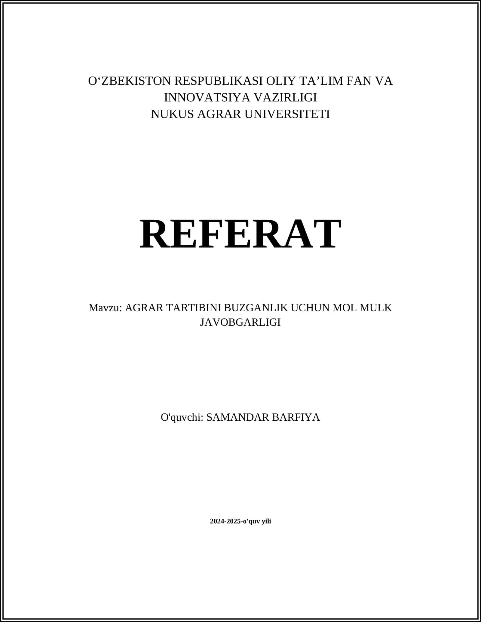 Agrar Tartibini Buzganlik Uchun Mol Mulk Javobgarligi