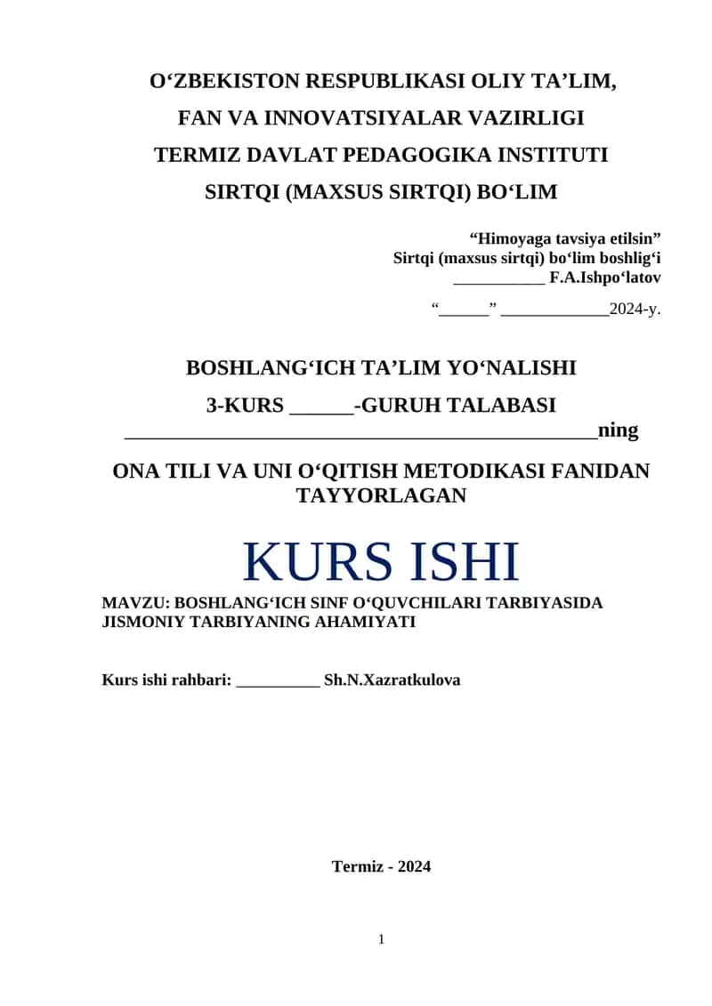 ONA TILI VA UNI O‘QITISH METODIKASI FANIDAN TAYYORLAGAN