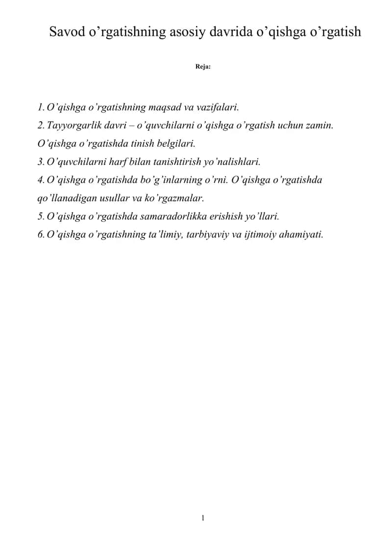 Savod o’rgatishning asosiy davrida o’qishga o’rgatish