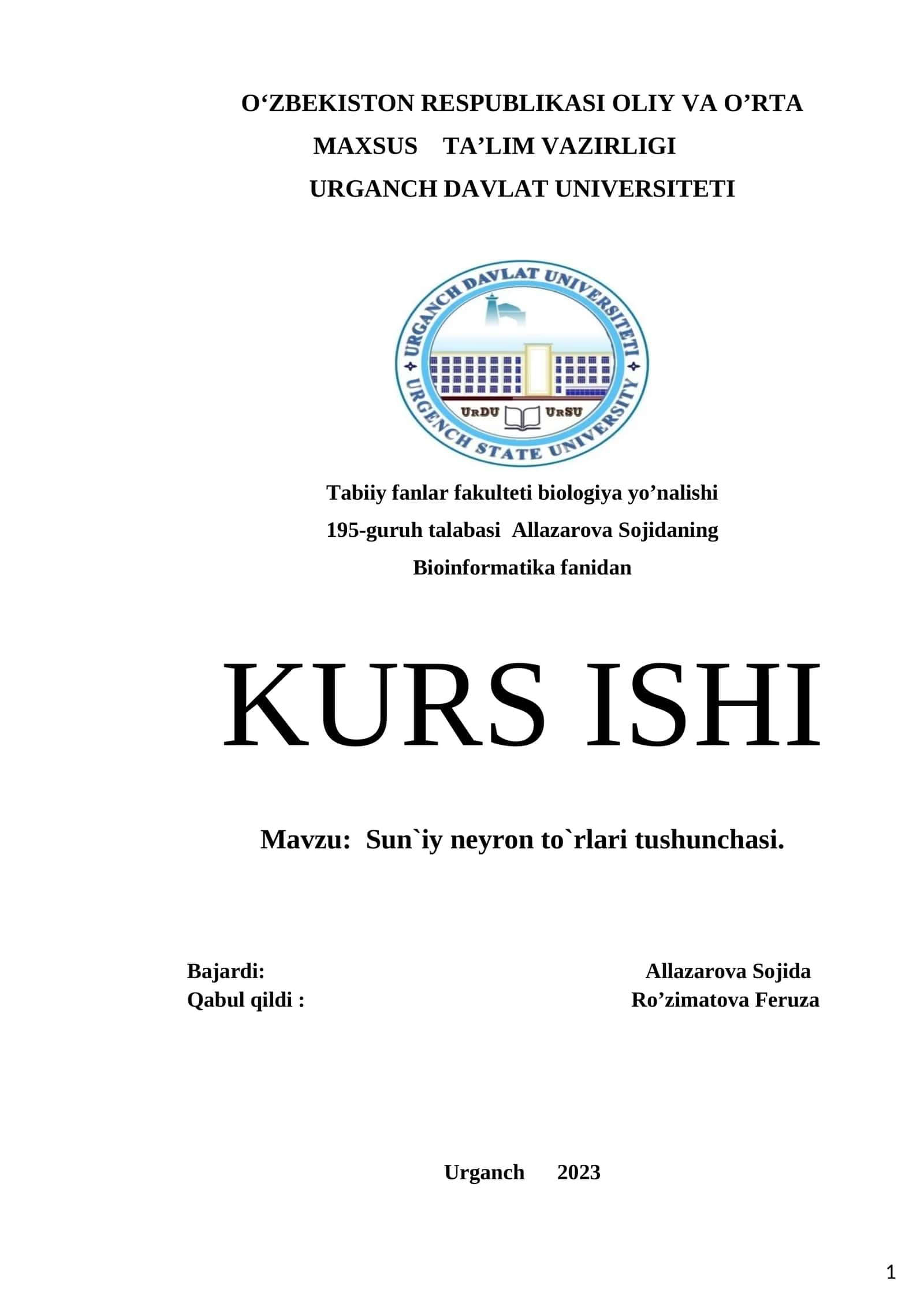 Sun`iy neyron to`rlari tushunchasi