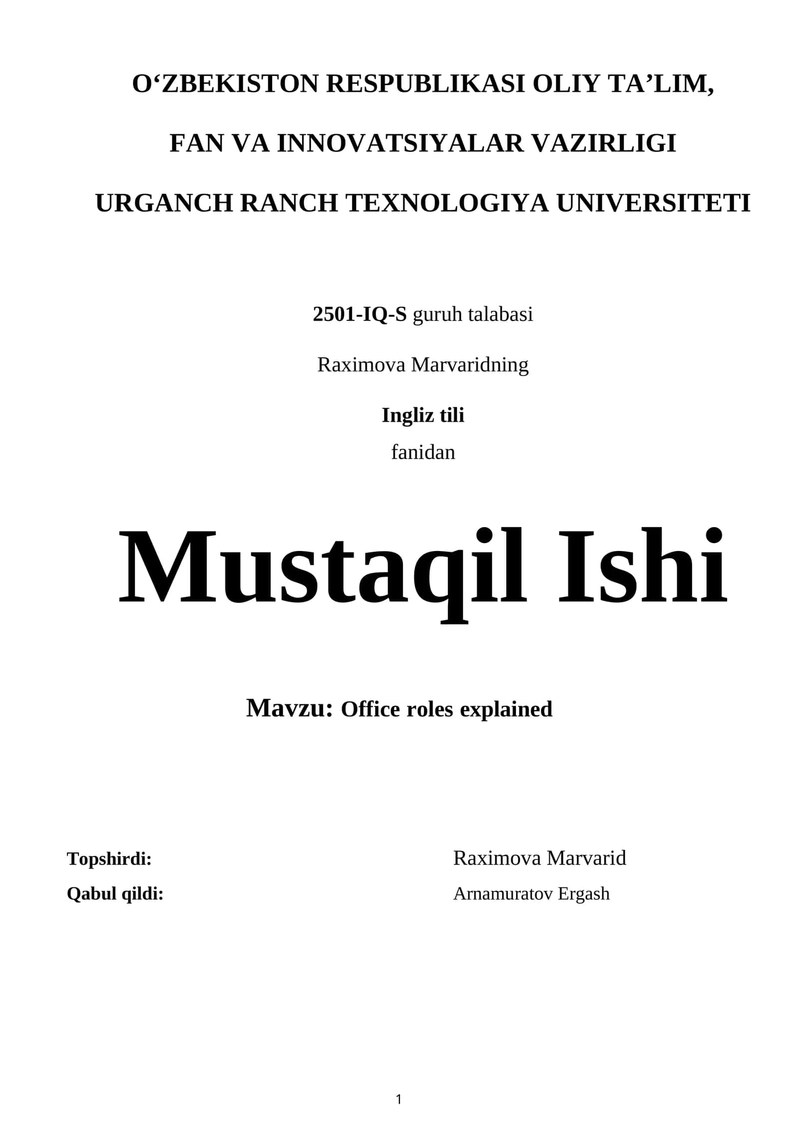 Ingliz tili fanidan Mustaqil Ishi