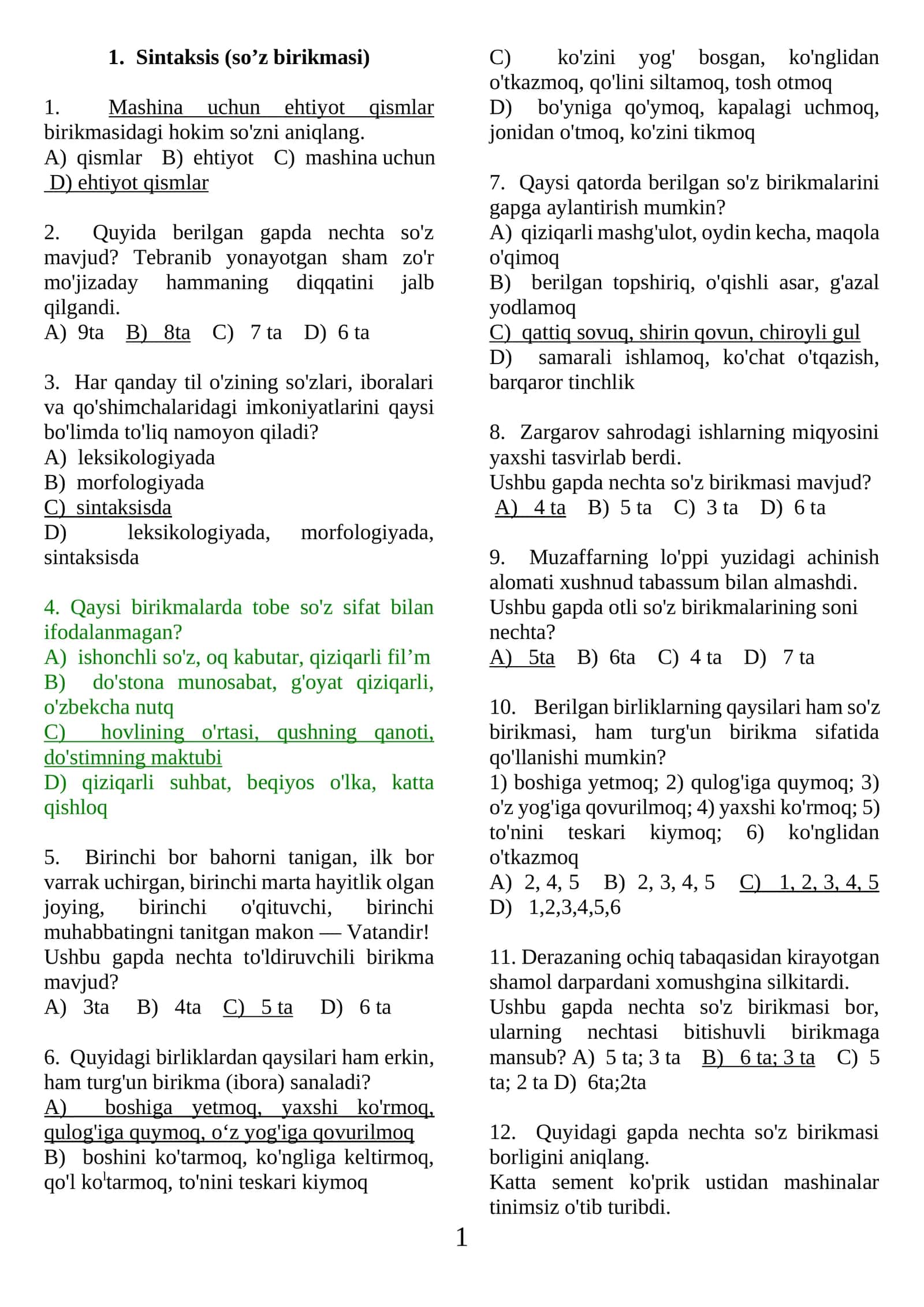 So'z birikmasi, gap bo'laklari testlar