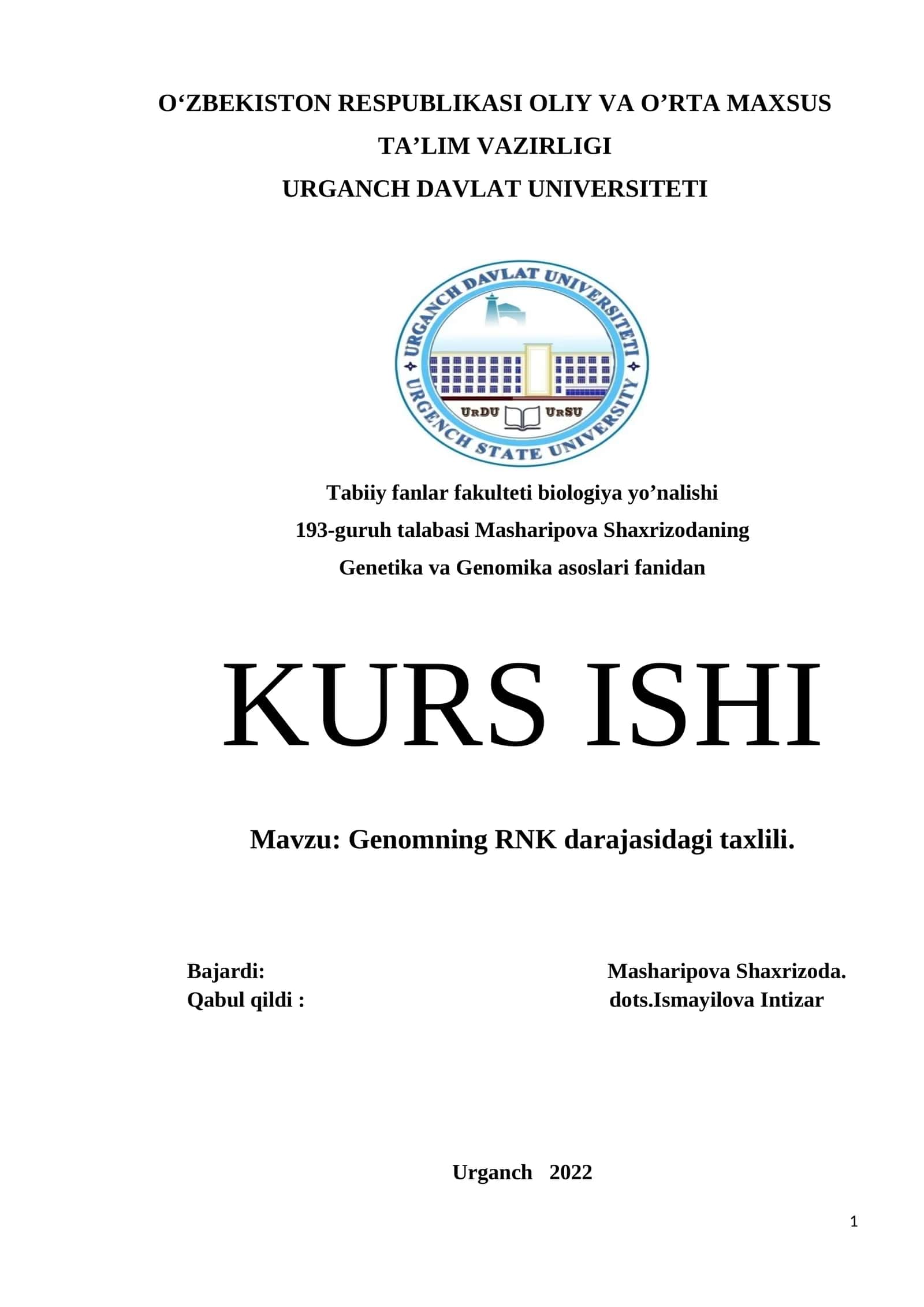Genomning RNK darajasidagi taxlili