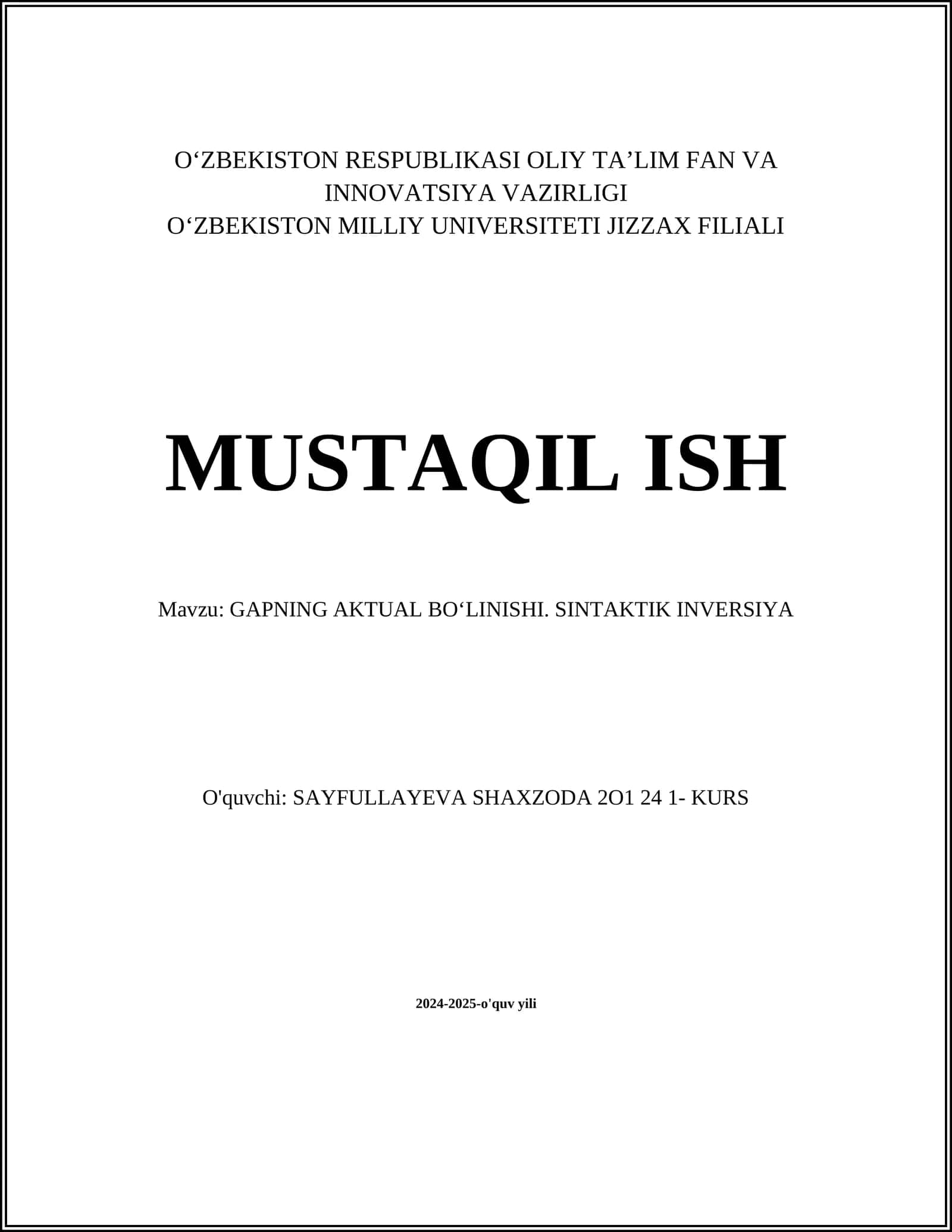 GAPNING AKTUAL BOʻLINISHI. SINTAKTIK INVERSIYA