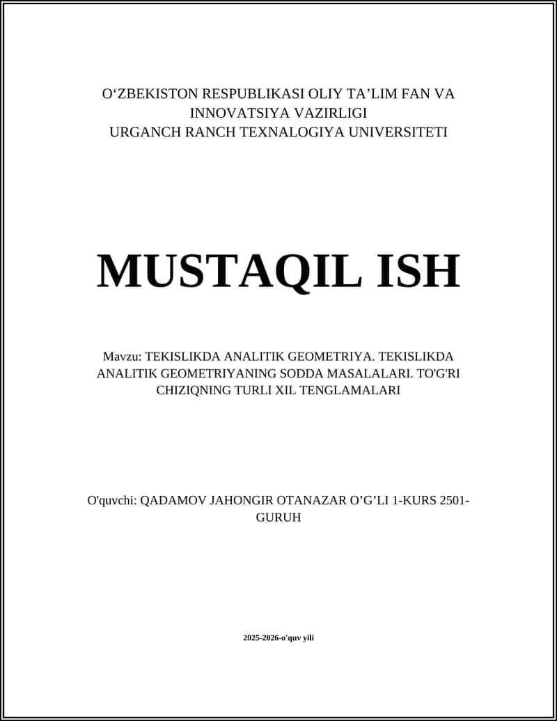 TEKISLIKDA ANALITIK GEOMETRIYA