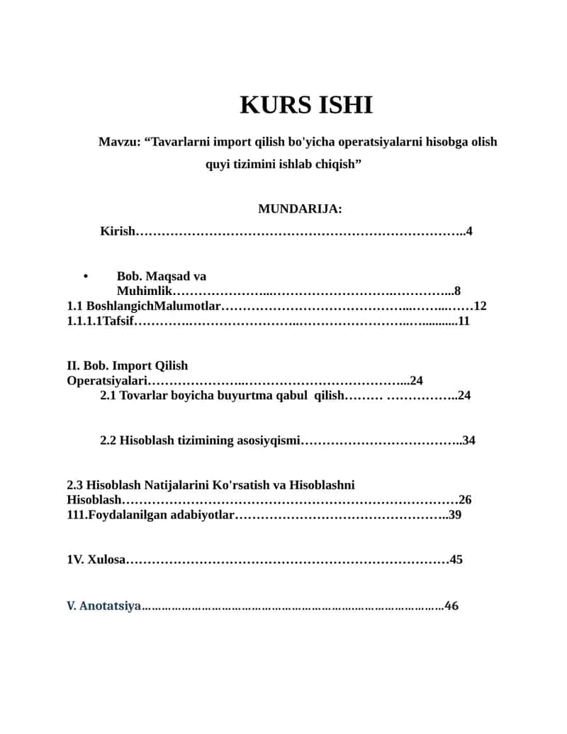 Tavarlarni import qilish bo'yicha operatsiyalarni hisobga olish quyi tizimini ishlab chiqish