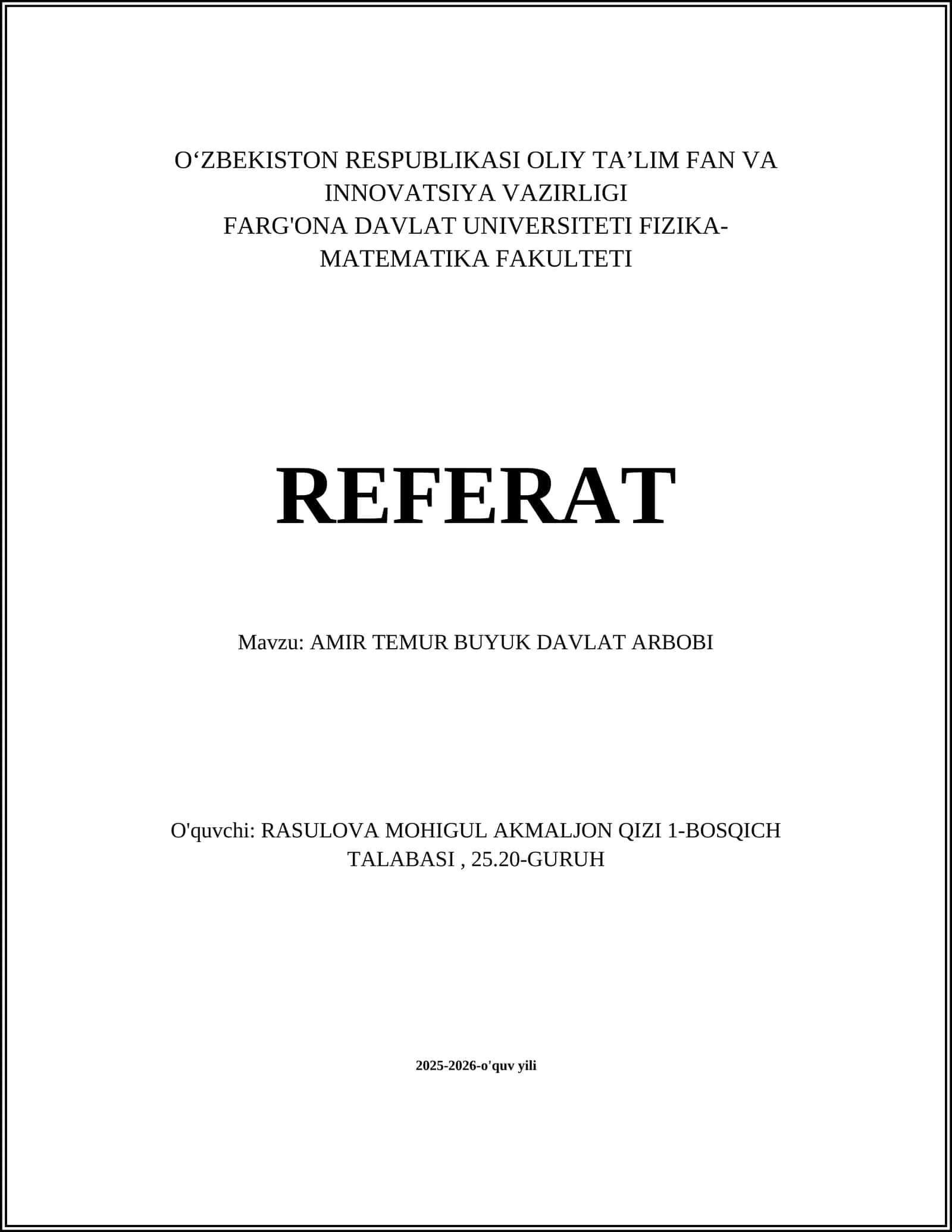 AMIR TEMUR BUYUK DAVLAT ARBOBI