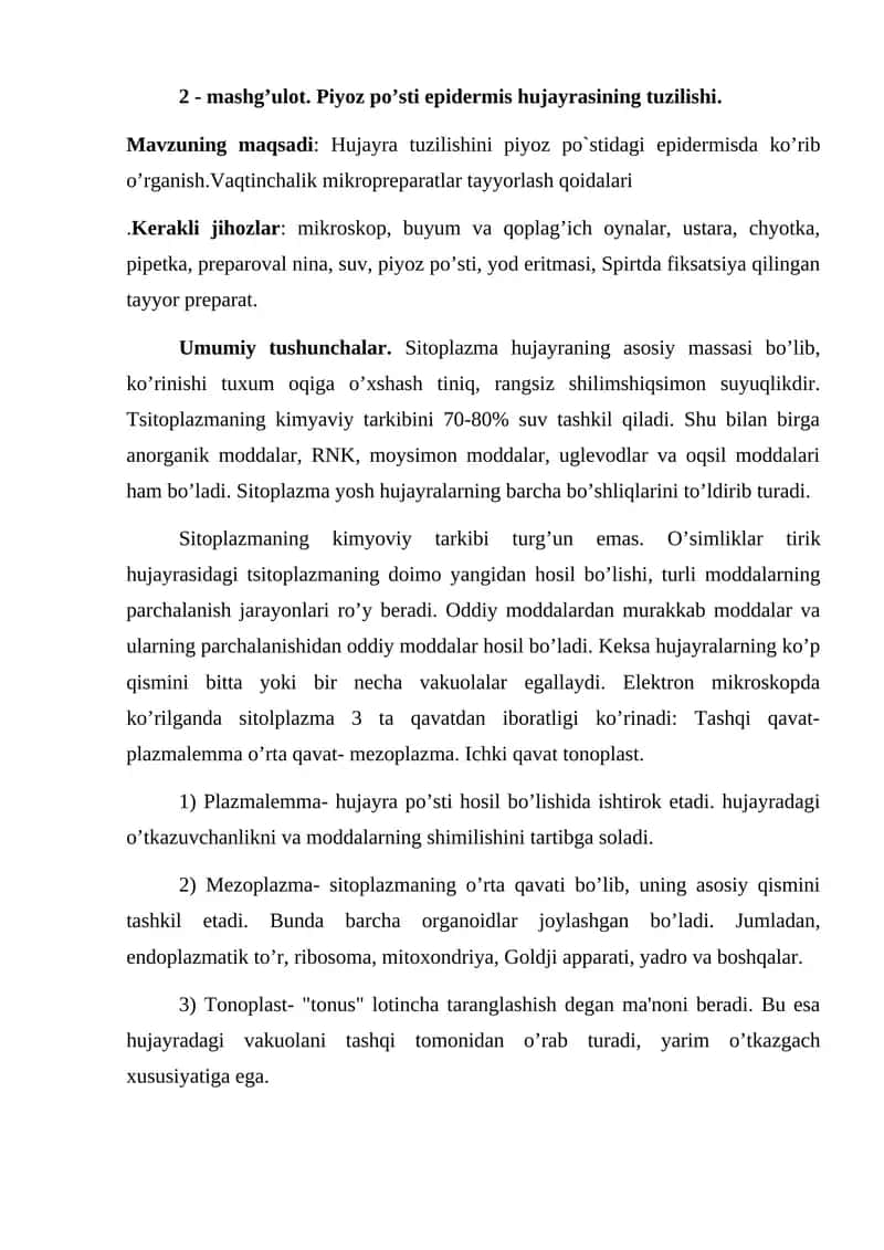 Piyoz po’sti epidermisi tuzilishi