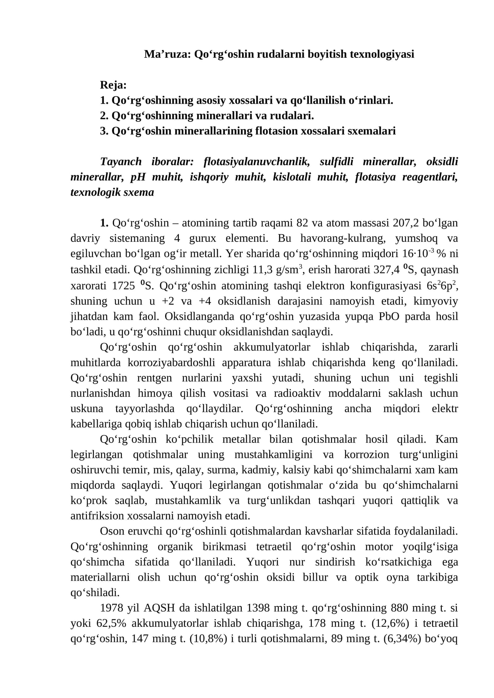Ma’ruza: Qo‘rg‘oshin rudalarni boyitish texnologiyasi