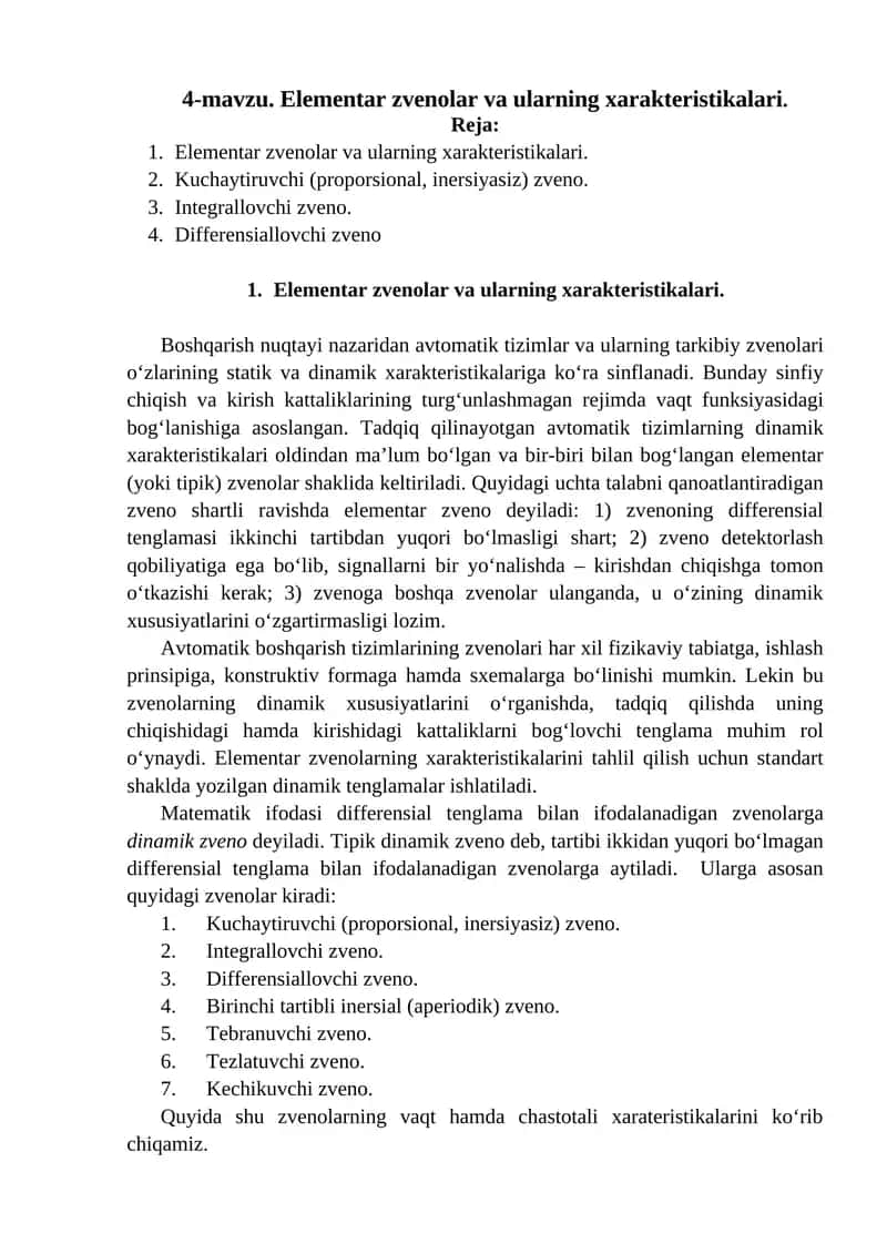 Elementar zvenolar va ularning xarakteristikalari