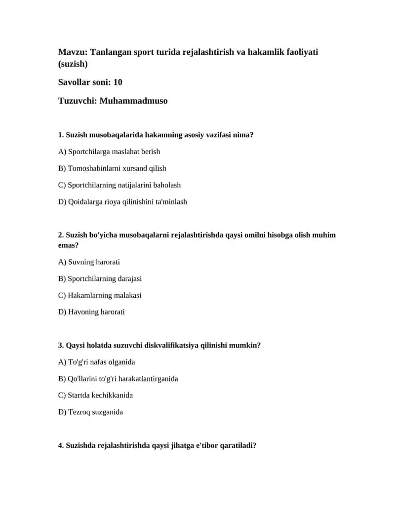 Tanlangan sport turida rejalashtirish va hakamlik faoliyati (suzish)