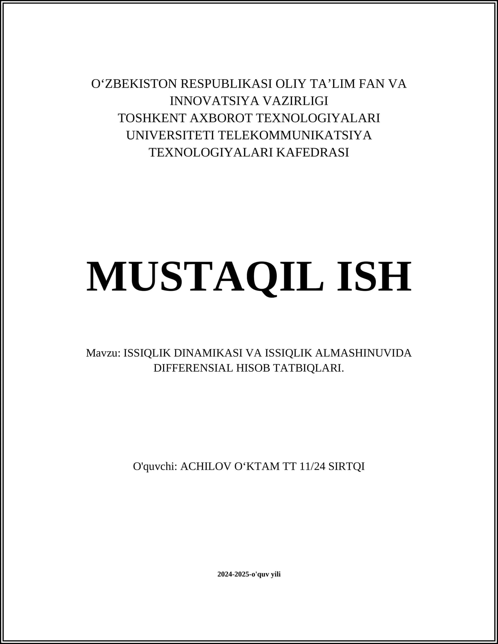 ISSIQLIK DINAMIKASI VA ISSIQLIK ALMASHINUVIDA DIFFERENSIAL HISOB TATBIQLARI