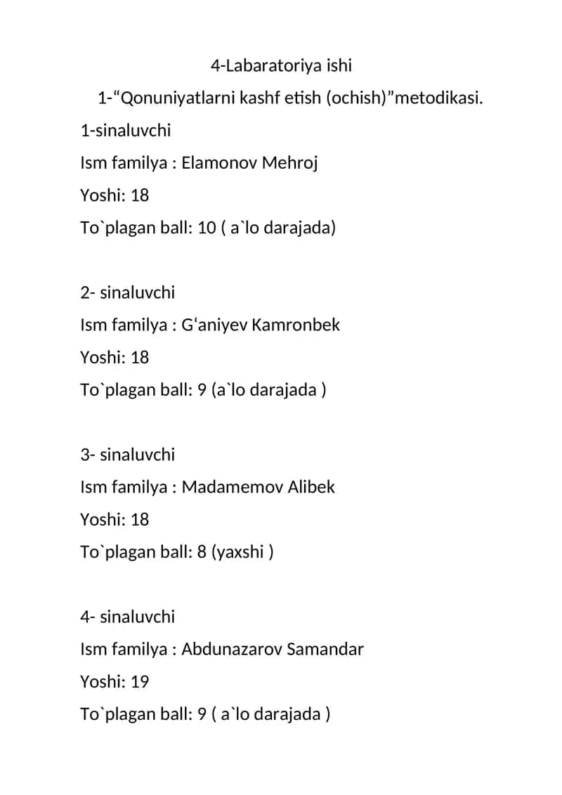 Fikrlash jarayoning labilligi-rigidligini “So‘zli labirin metodikasi orqali aniqlash