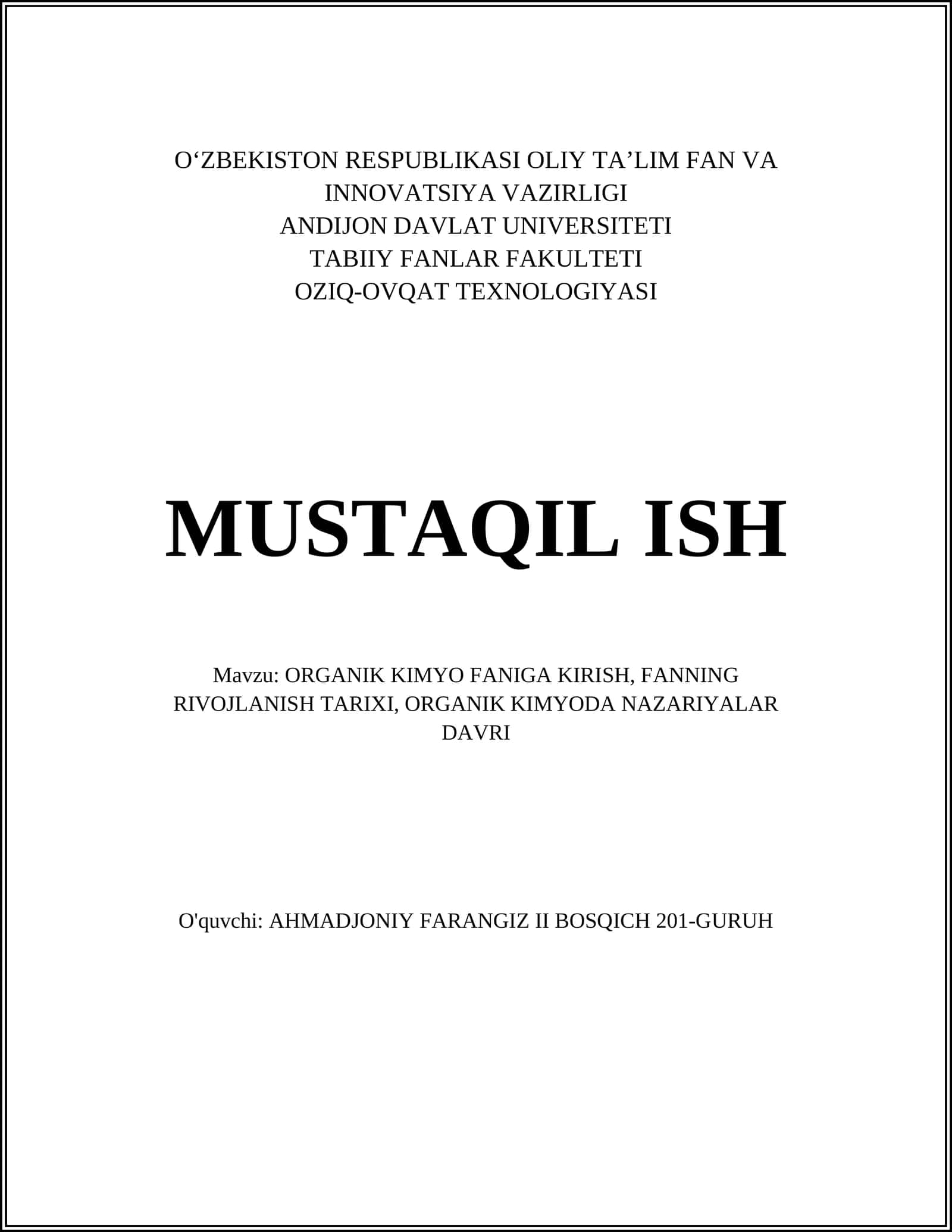 ORGANIK KIMYO FANIGA KIRISH