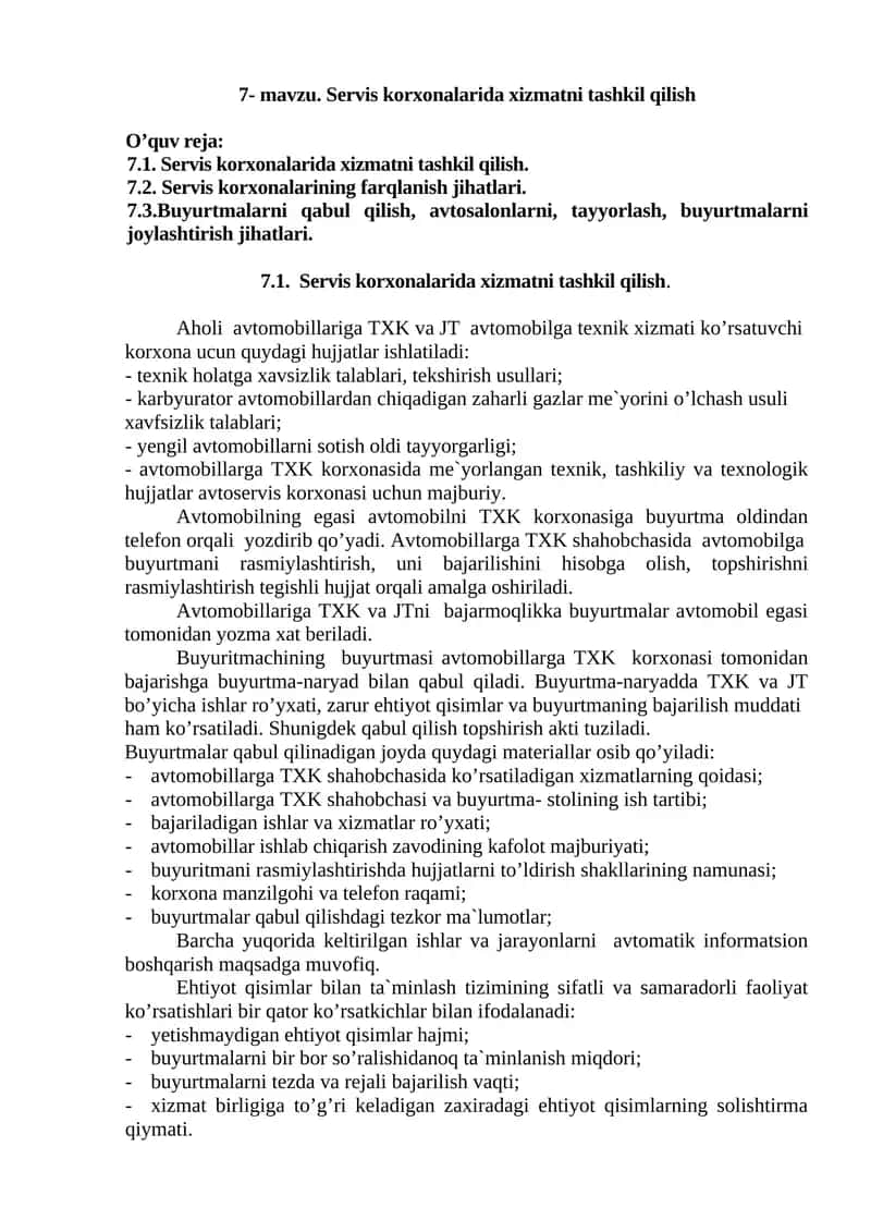 Servis korxonalarida xizmatni tashkil qilish