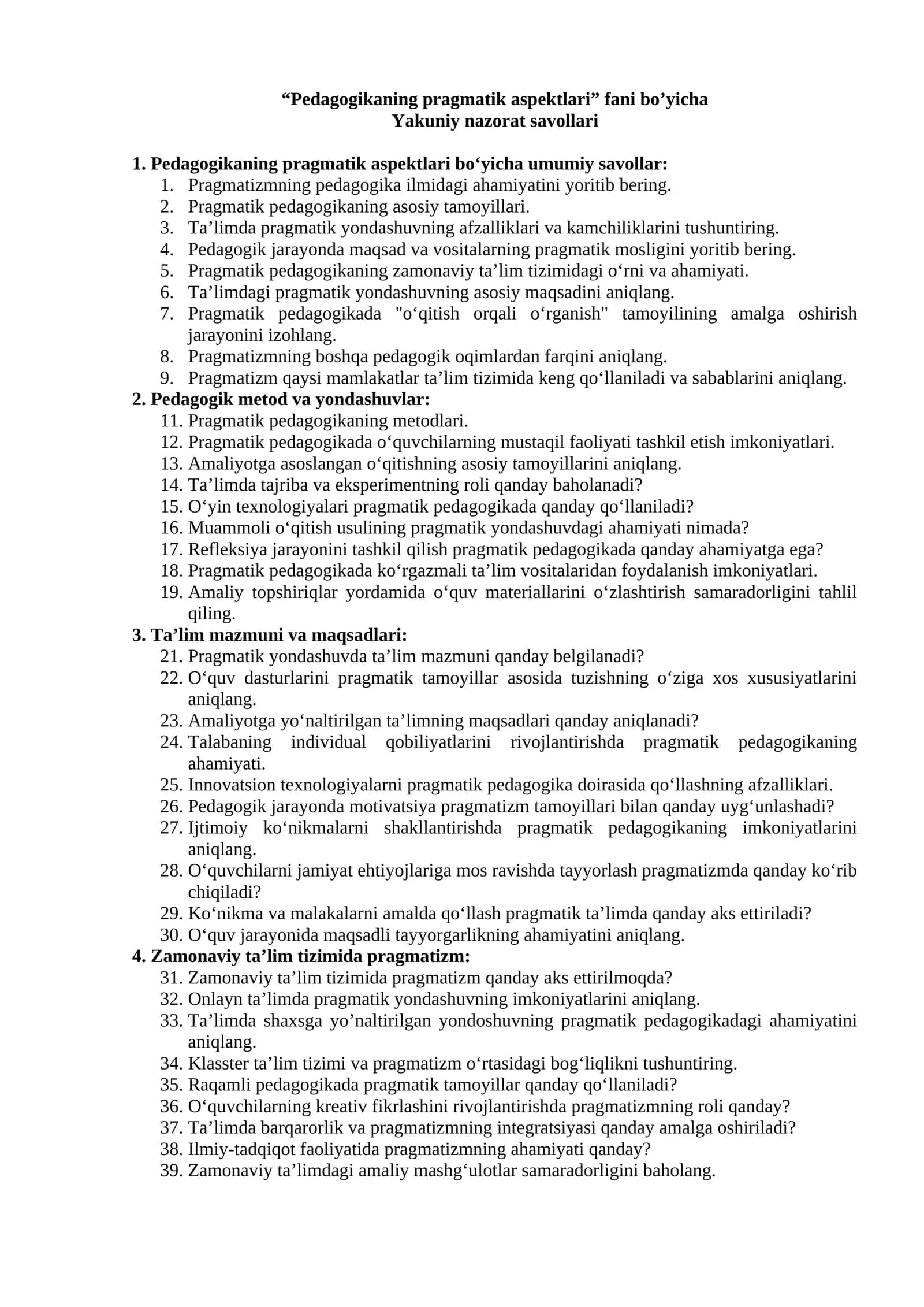 Pedagogikaning pragmatik aspektlari