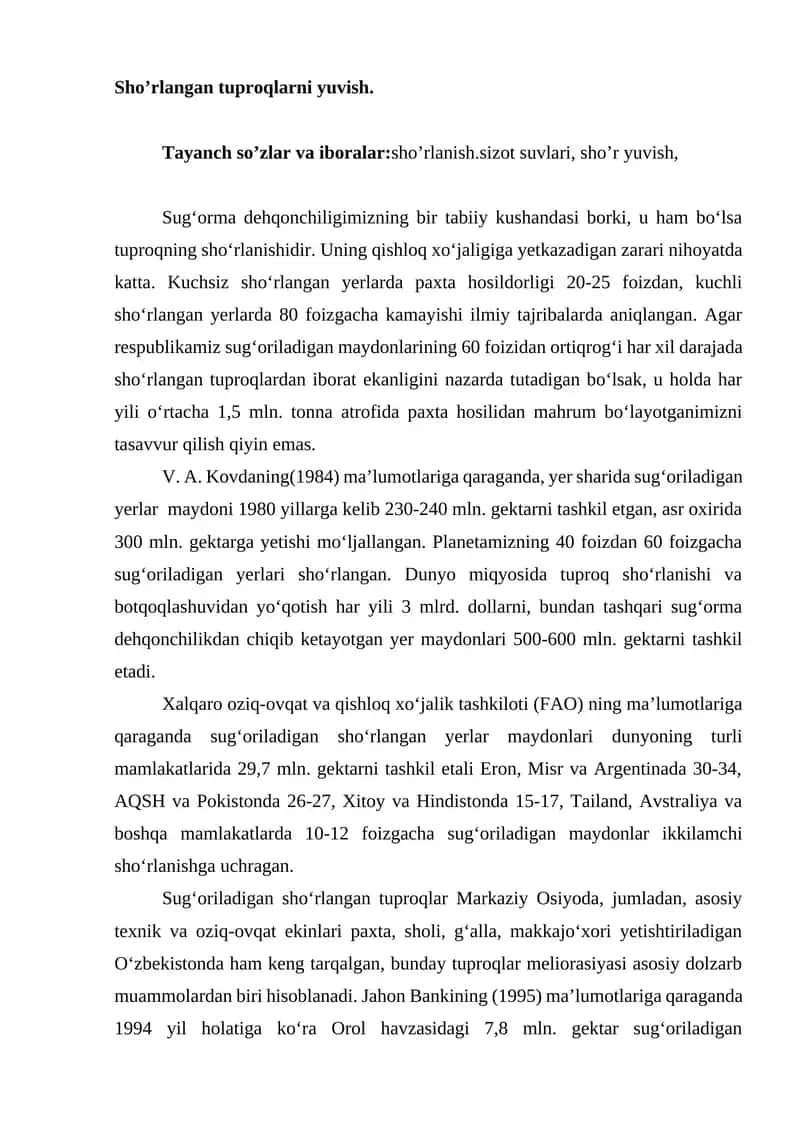 Sho’rlangan tuproqlarni yuvish.