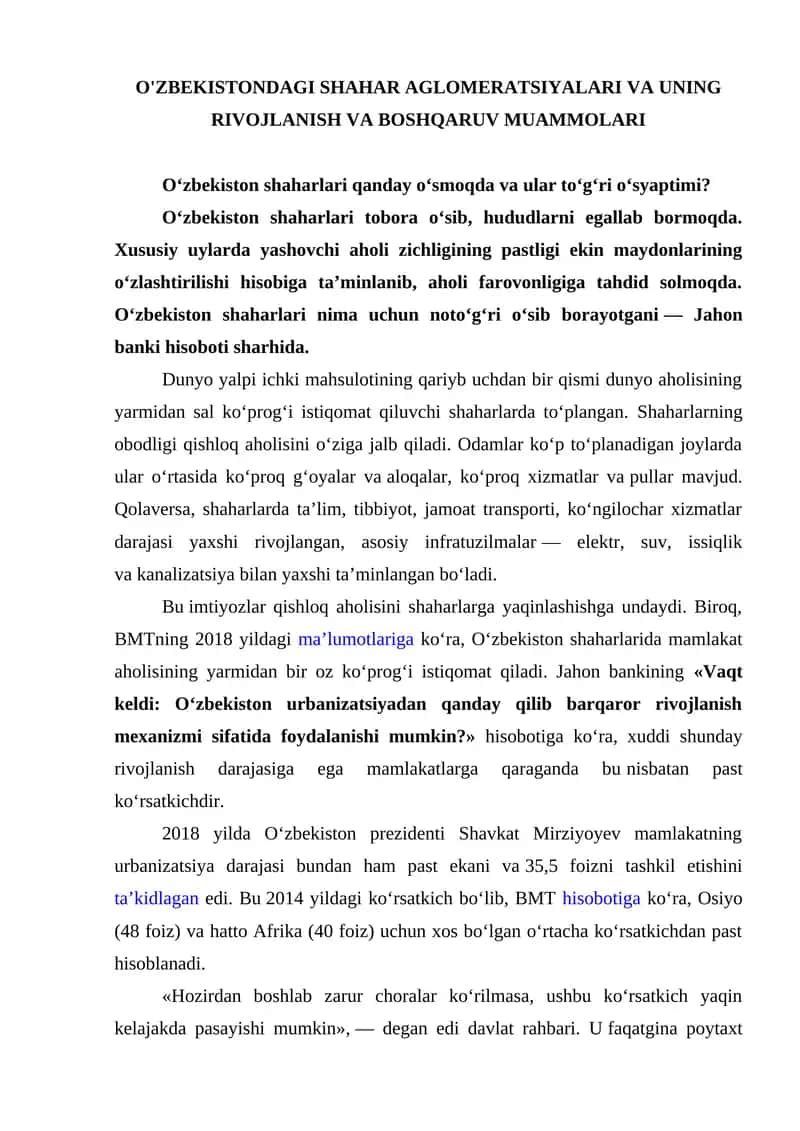O'zbekistondagi Shahar Aglomeratsiyalari va Uning Rivojlanish va Boshqaruv Muammolari