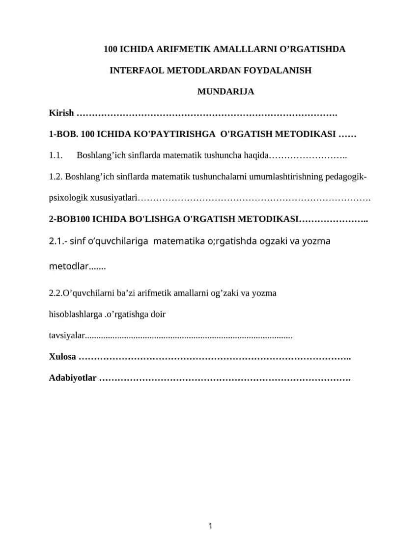 100 ICHIDA ARIFMETIK AMALLLARNI O’RGATISHDA INTERFAOL METODLARDAN FOYDALANISH