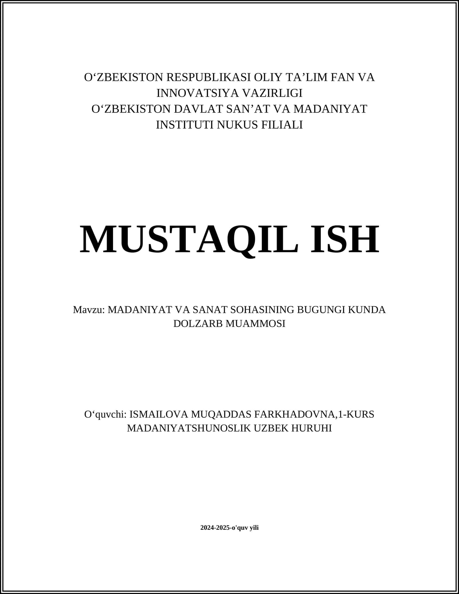 MADANIYAT VA SANAT SOHASINING BUGUNGI KUNDA DOLZARB MUAMMOSI