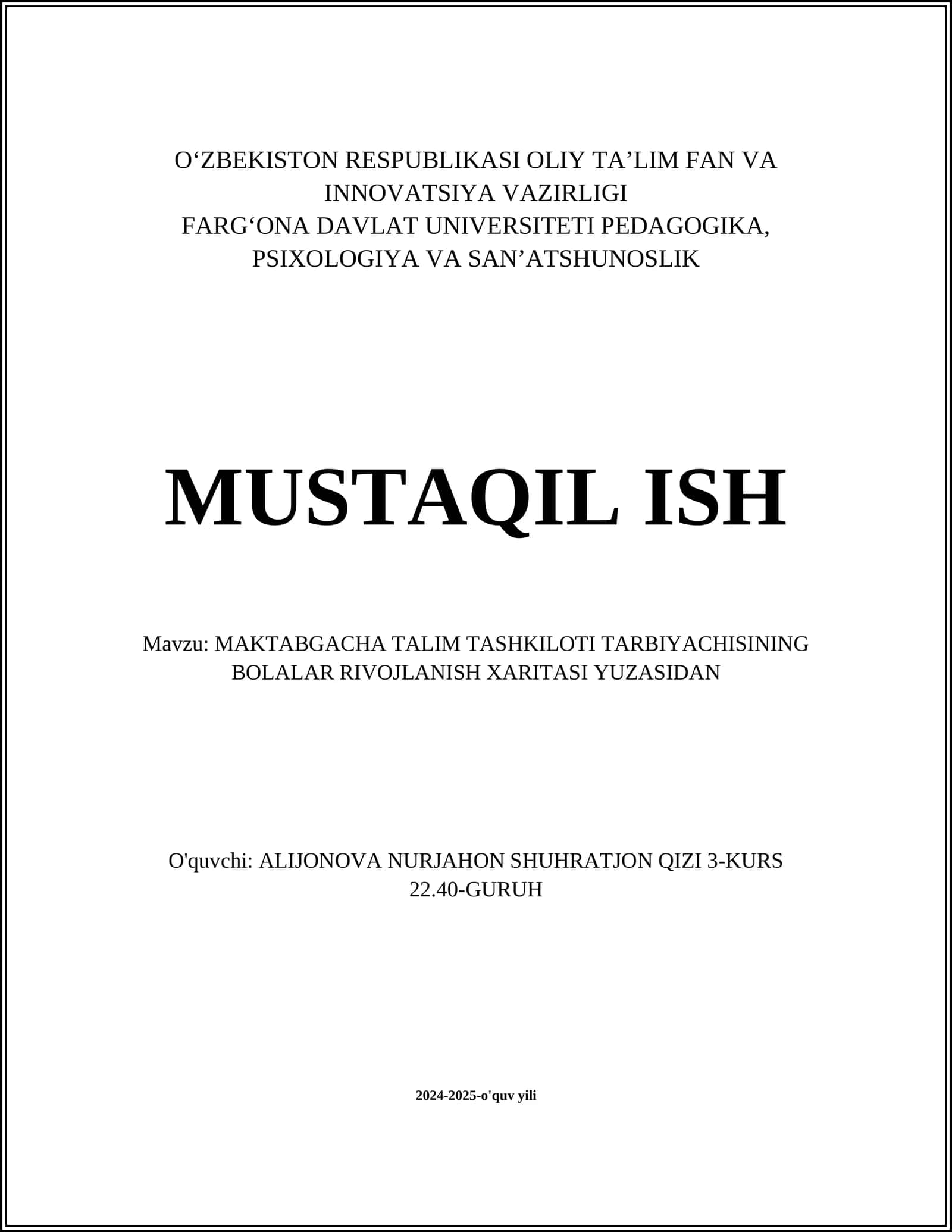 MAKTABGACHA TALIM TASHKILOTI TARBIYACHISINING BOLALAR RIVOJLANISH XARITASI YUZASIDAN