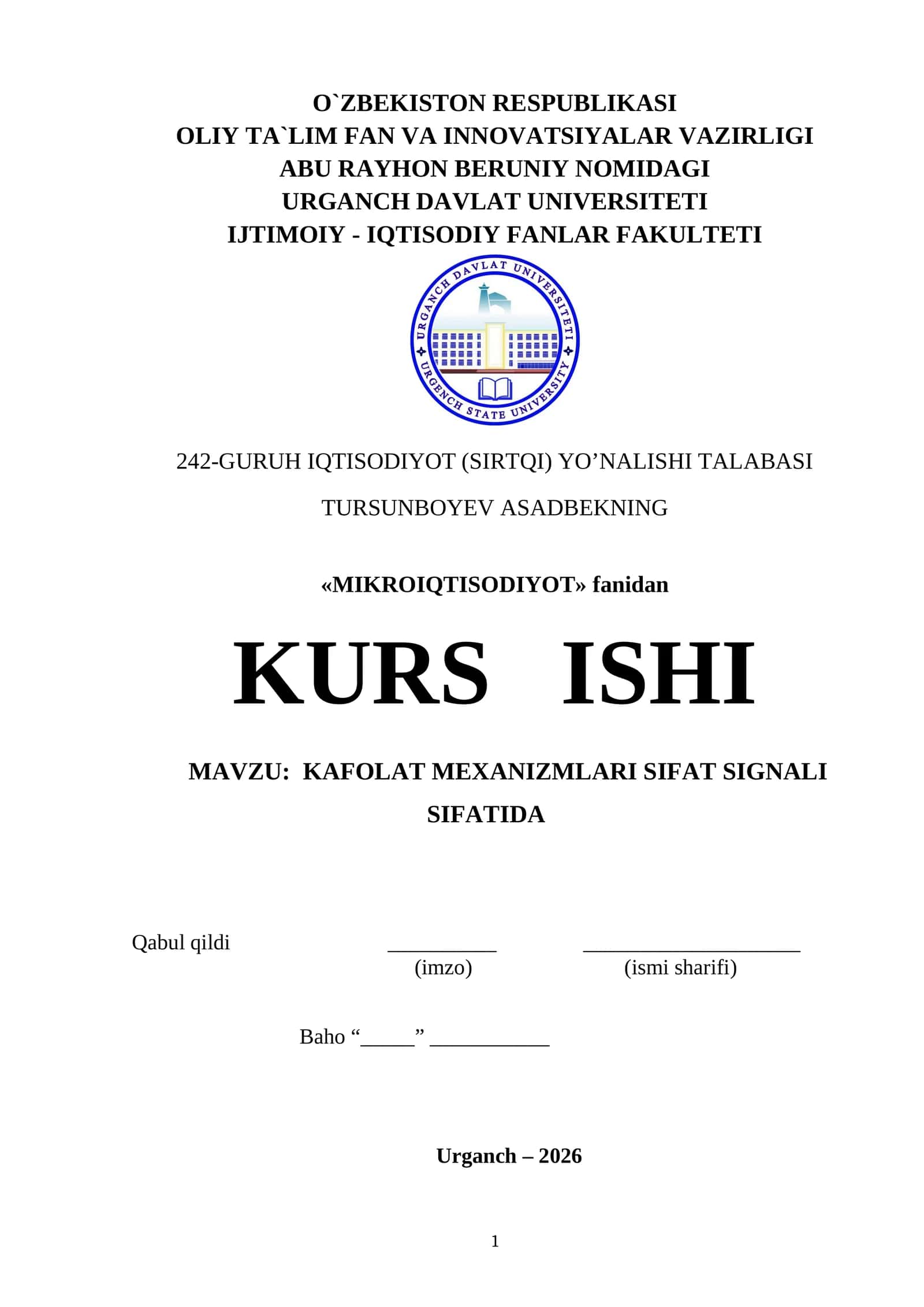 KAFOLAT MEXANIZMLARI SIFAT SIGNALI SIFATIDA