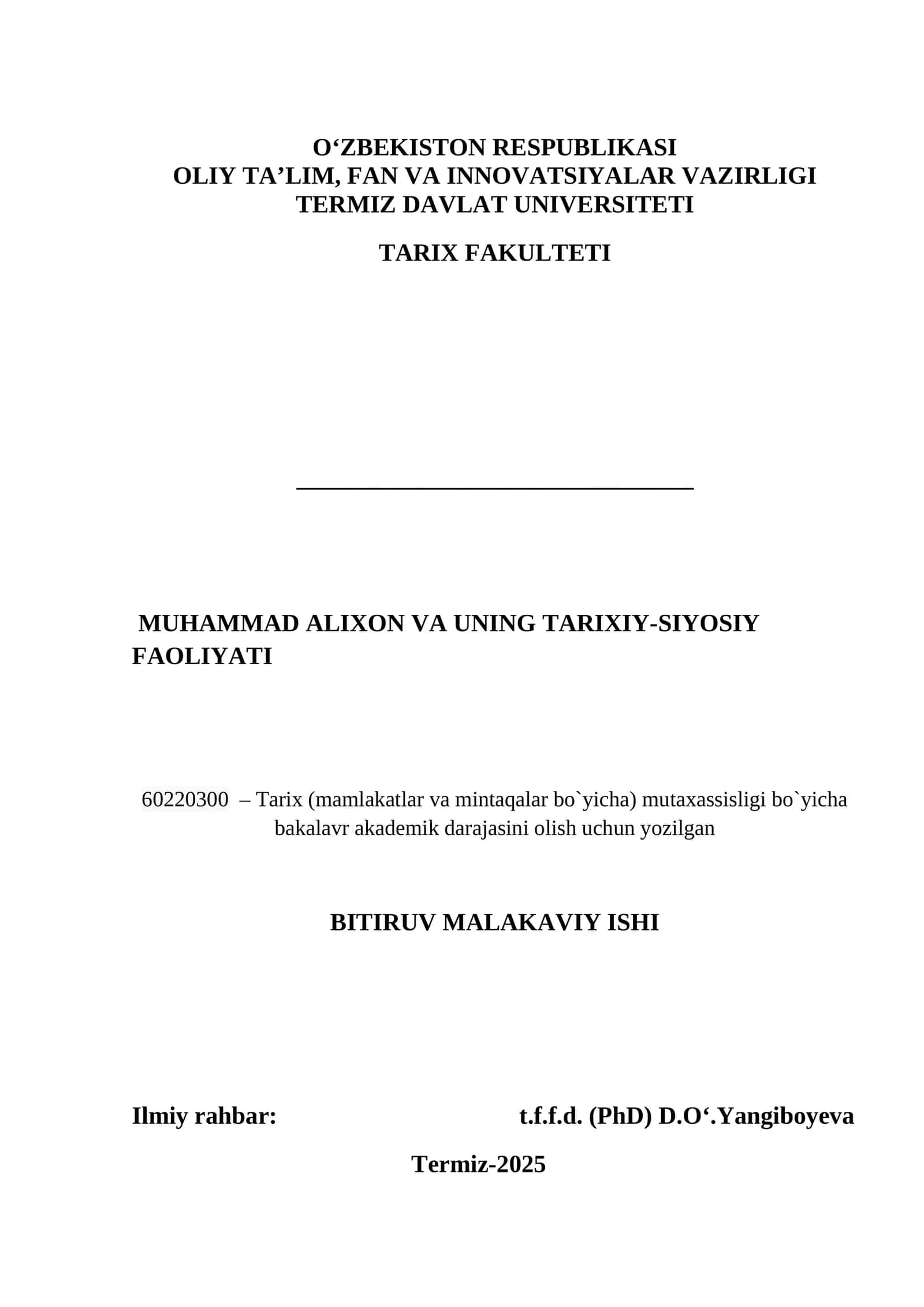 MUHAMMAD ALIXON VA UNING TARIXIY-SIYOSIY FAOLIYATI