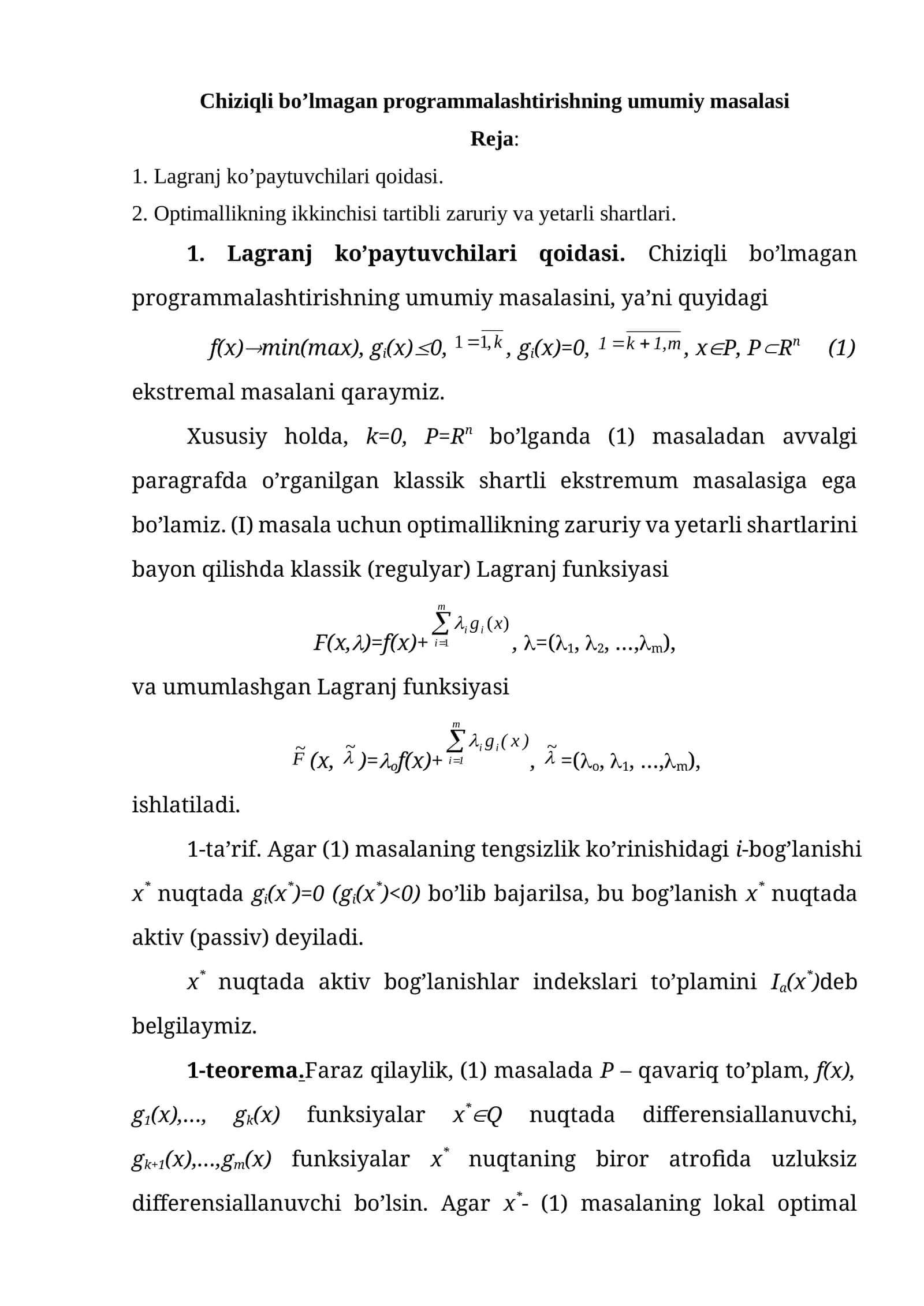 Chiziqli bo’lmagan programmalashtirishning umumiy masalasi