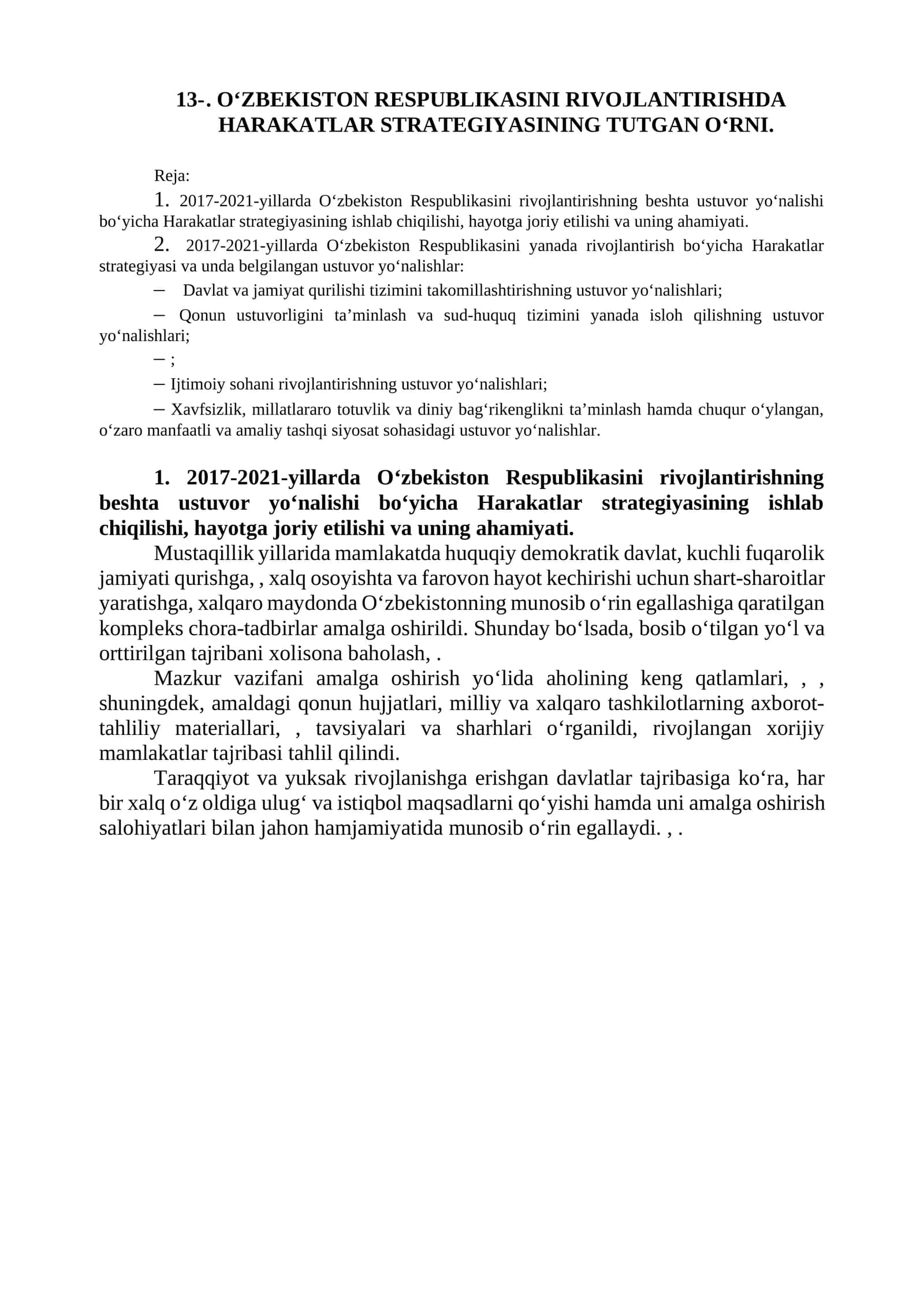 O‘ZBEKISTON RESPUBLIKASINI RIVOJLANTIRISHDA HARAKATLAR STRATEGIYASINING TUTGAN O‘RNI