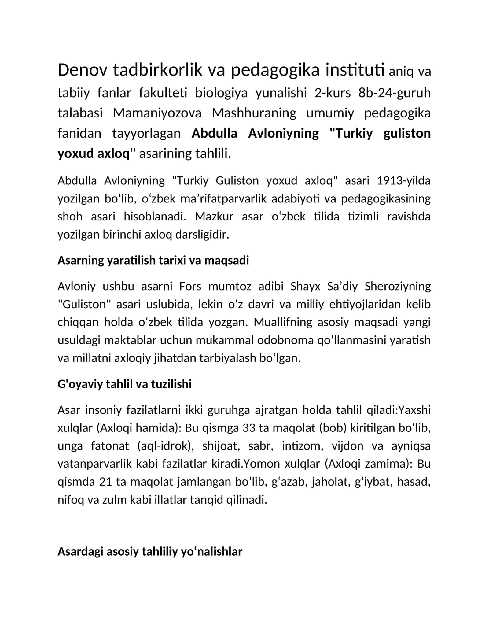 Abdulla Avloniyning "Turkiy guliston yoxud axloq" asarining tahlili