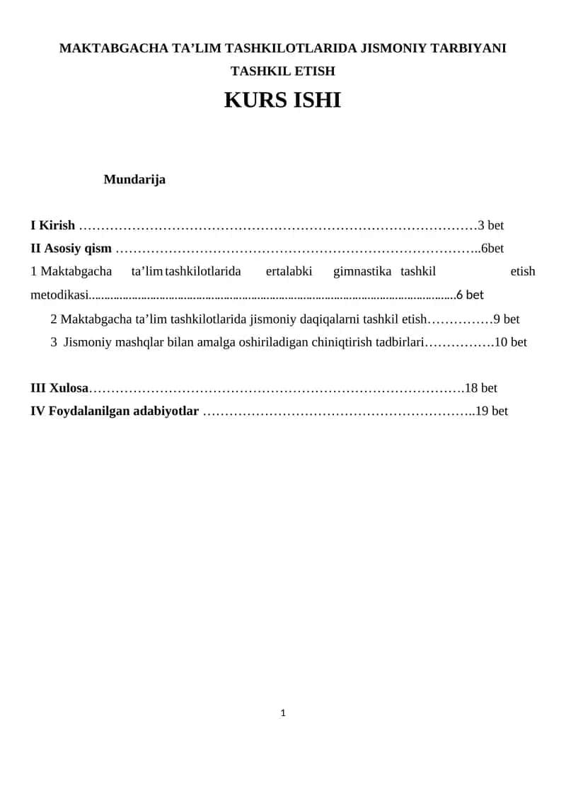 MAKTABGACHA TA’LIM TASHKILOTLARIDA JISMONIY TARBIYANI TASHKIL ETISH KURS ISHI