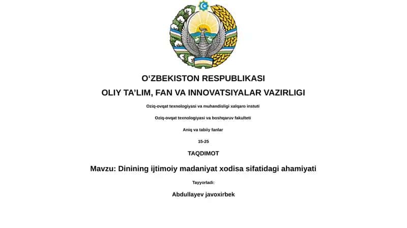 Dinining ijtimoiy madaniyat xodisa sifatidagi ahamiyati