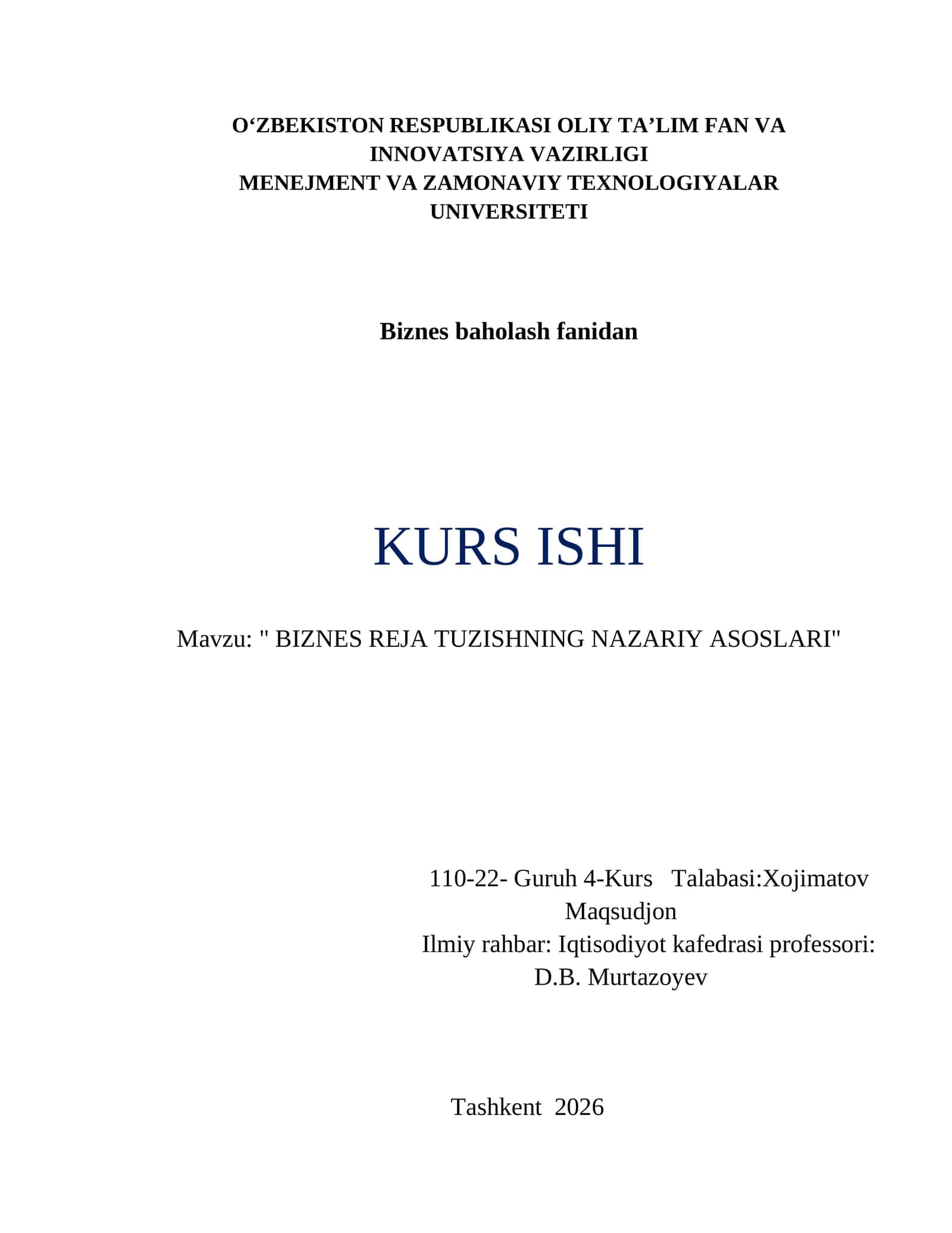 BIZNES REJA TUZISHNING NAZARIY ASOSLARI