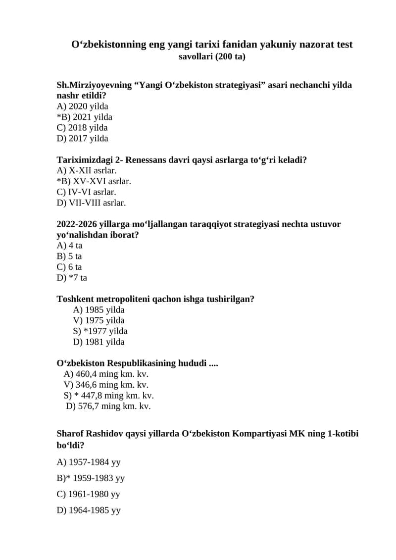 O‘zbekistonning eng yangi tarixi fanidan yakuniy nazorat test savollari (200 ta)