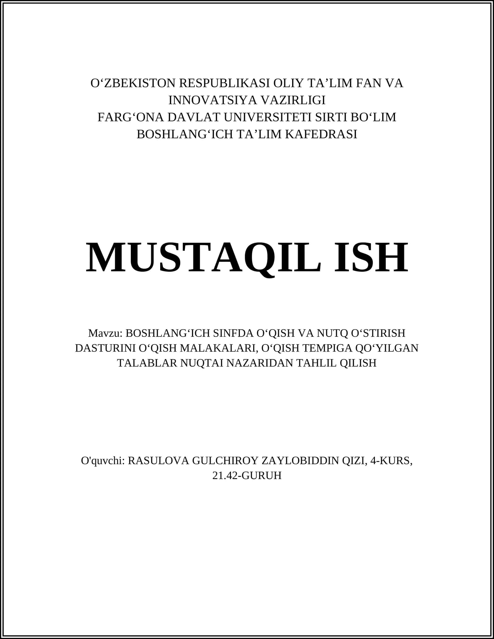 BOSHLANGʻICH SINFDA OʻQISH VA NUTQ OʻSTIRISH DASTURINI OʻQISH MALAKALARI