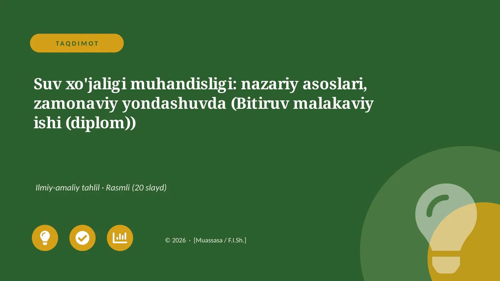 Suv xo'jaligi muhandisligi: nazariy asoslari, zamonaviy yondashuvda (Bitiruv malakaviy ishi (diplom))